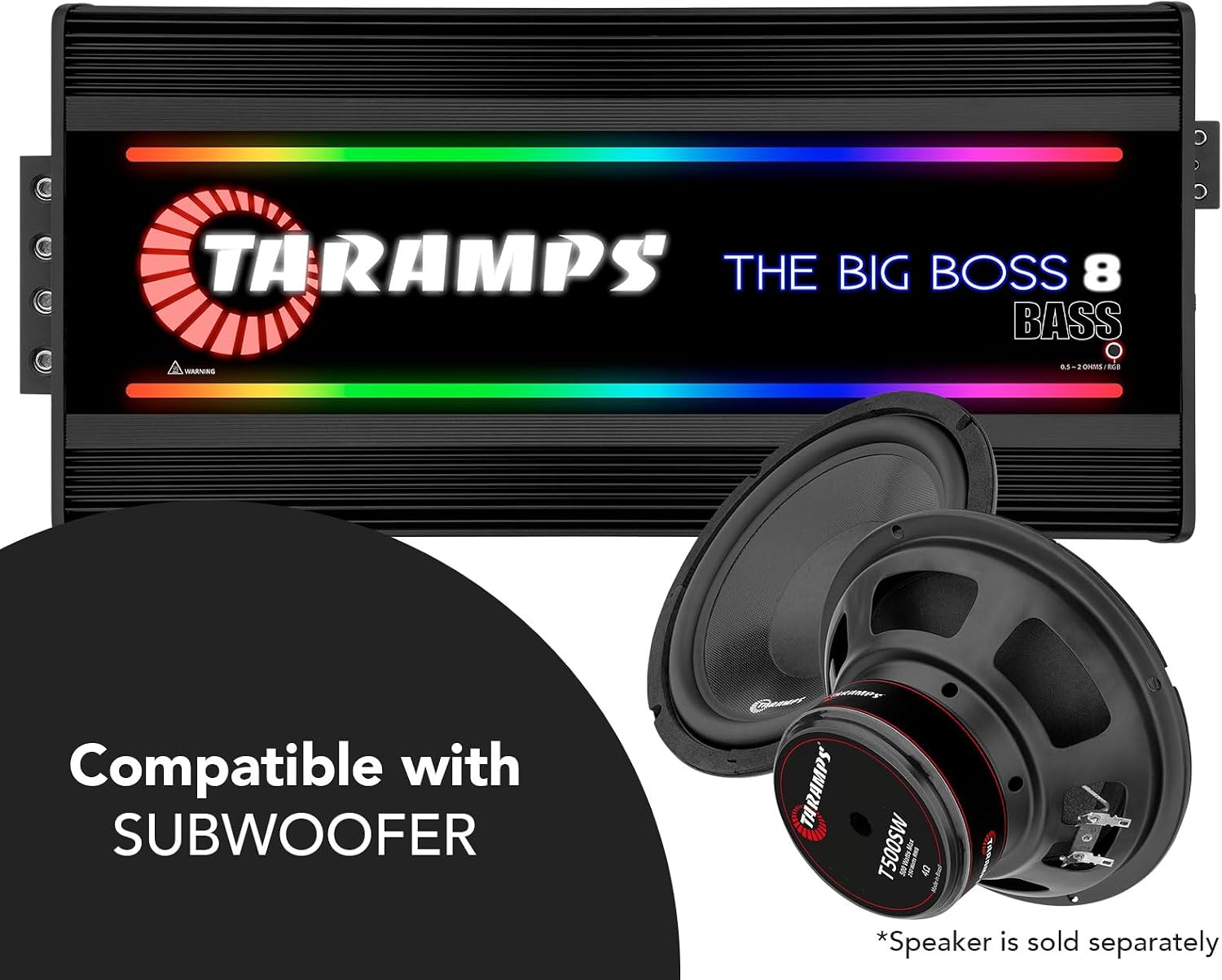 Taramps The Big Boss 8 Bass Black Color Amplifier 0.5 to 2 Ohms 8000 Watts RMS 108 RGB Effects, Multi Impedance, Monoblock Class D, Smart 8k Car Audio