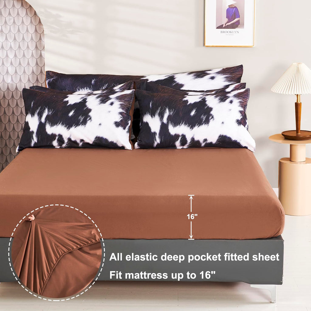 SUCSES Full Size Comforter Set with Sheets 8 Piece Cow Print Bedding Set for Boys Girls Black and White Kids Bed-in-A-Bag Farmhouse Rustic Bed Set for Bedroom (Milk Cow, Full)