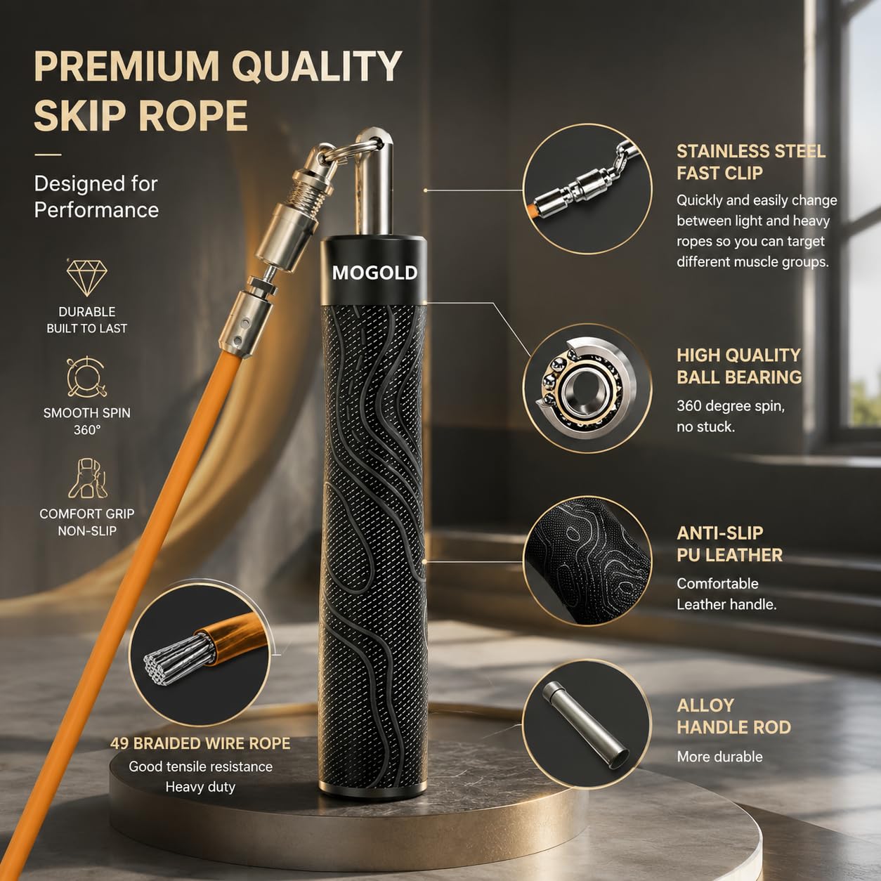Weighted Jump Rope for Men Women -Interchangeable 1/5lb 1/4lb 1/2lb Heavy jump ropes - 360 Degree Spin - Length Adjustable,Ergonomics Leather Grip Skipping Rope for Fitness Weight Loss & More