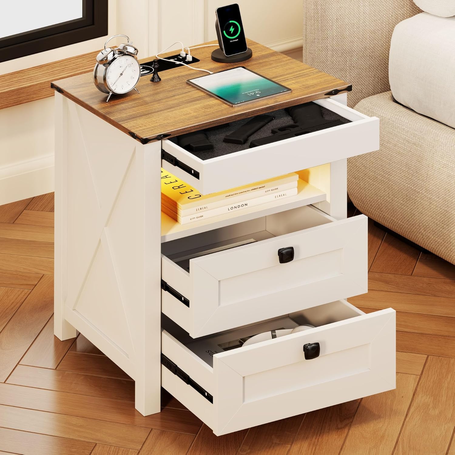 TAGELIER Farmhous Nightstand with Gun Drawer,Bedside Table with Charging Station, Gun Night Stand with LED Light & Human Sensor,Smart End Table for Bedroom, Black