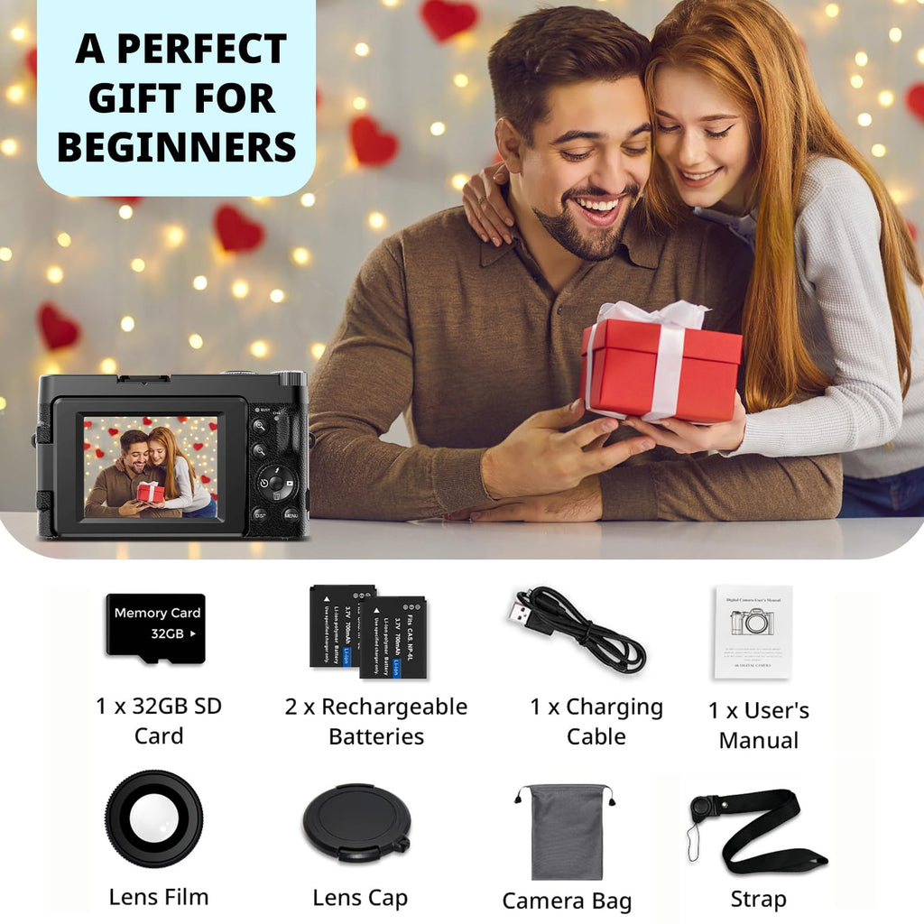 Duluvulu 4K Digital Camera for Photography Autofocus, 2026 Latest 48MP Vlogging Camera for YouTube with SD Card, 2 Batteries, 3" 180°Flip Screen Compact Travel Camera for Teens with 16X Zoom,Black