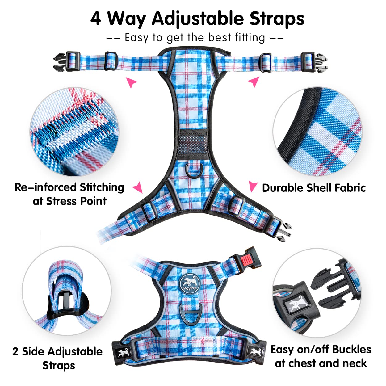 PoyPet Dog Harness No Pull, Reflective Vest Harness with Front & Back 2 Clips and Easy Control Handle for Small Medium Large Dog (XS, Black)