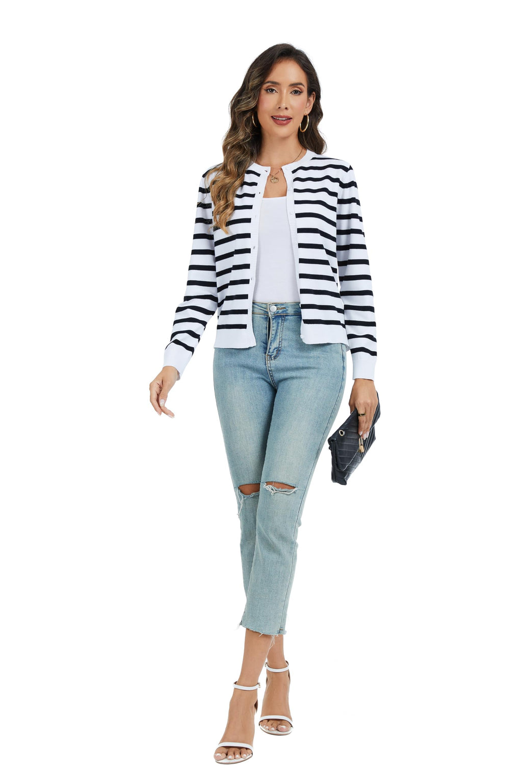 CUNYI Women's Crew Neck Cardigan Long Sleeve Sweater for Women Button Down Soft Knit Ladies Cardigan Sweates Coat