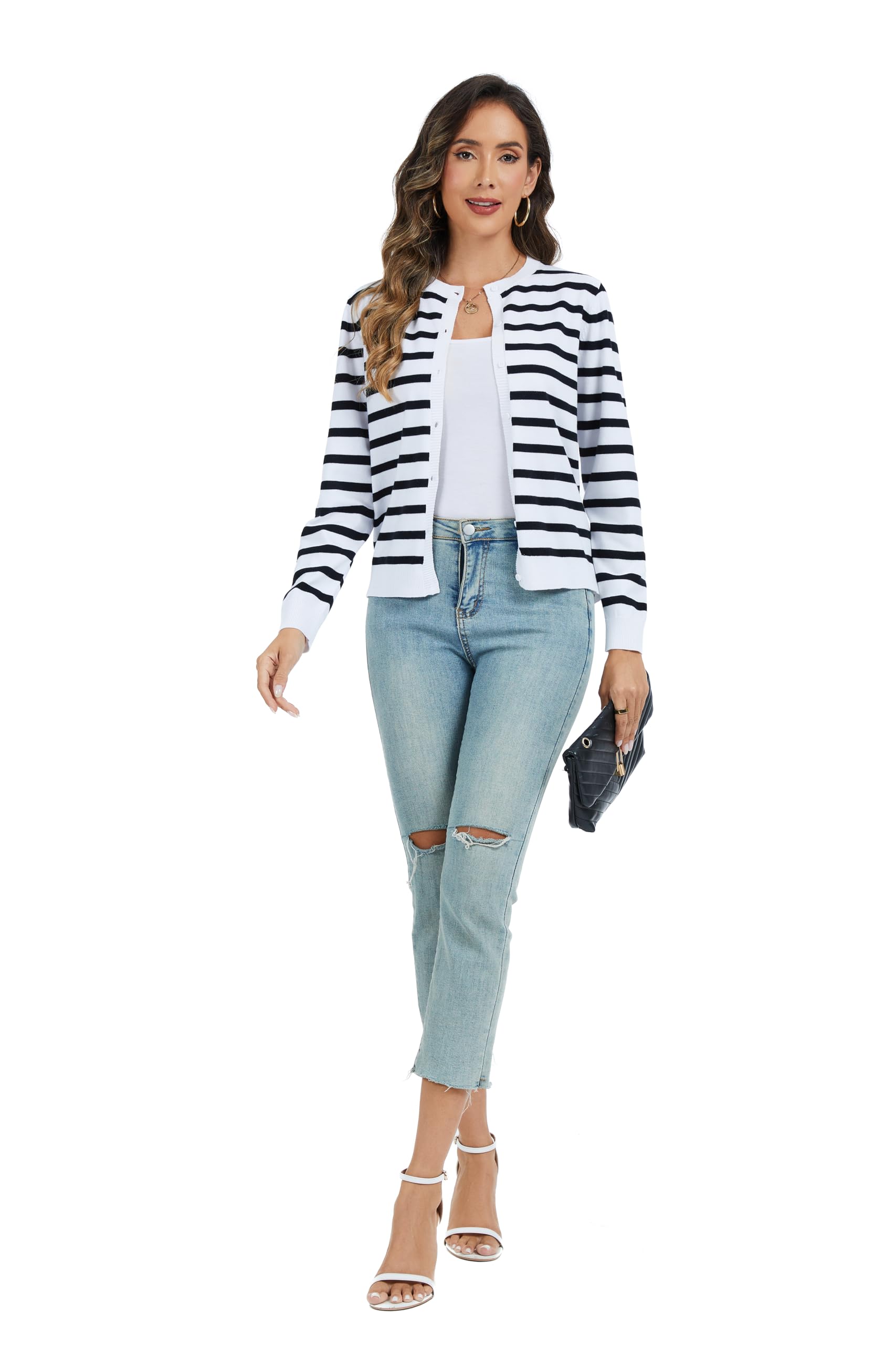 CUNYI Women's Crew Neck Cardigan Long Sleeve Sweater for Women Button Down Soft Knit Ladies Cardigan Sweates Coat