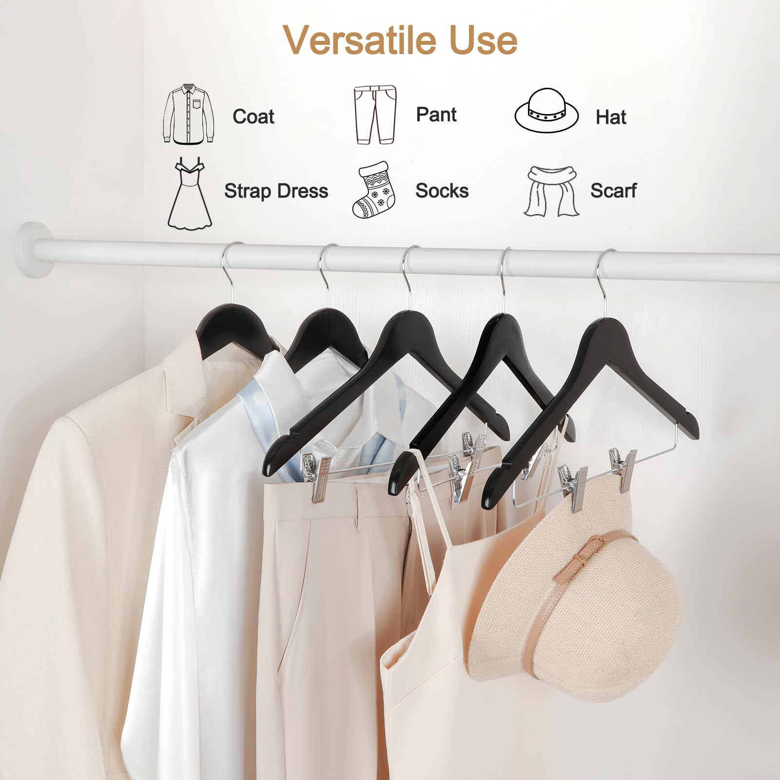 TOPIA HANGER Wooden Suit Hangers with Adjustable Metal Clips (10 Pack), Solid Wood Clothes Hangers, 360° Swivel Hook, Premium Retro Finish Pants Hangers for Clothes Coat, Jeans, Blouse-CT28A