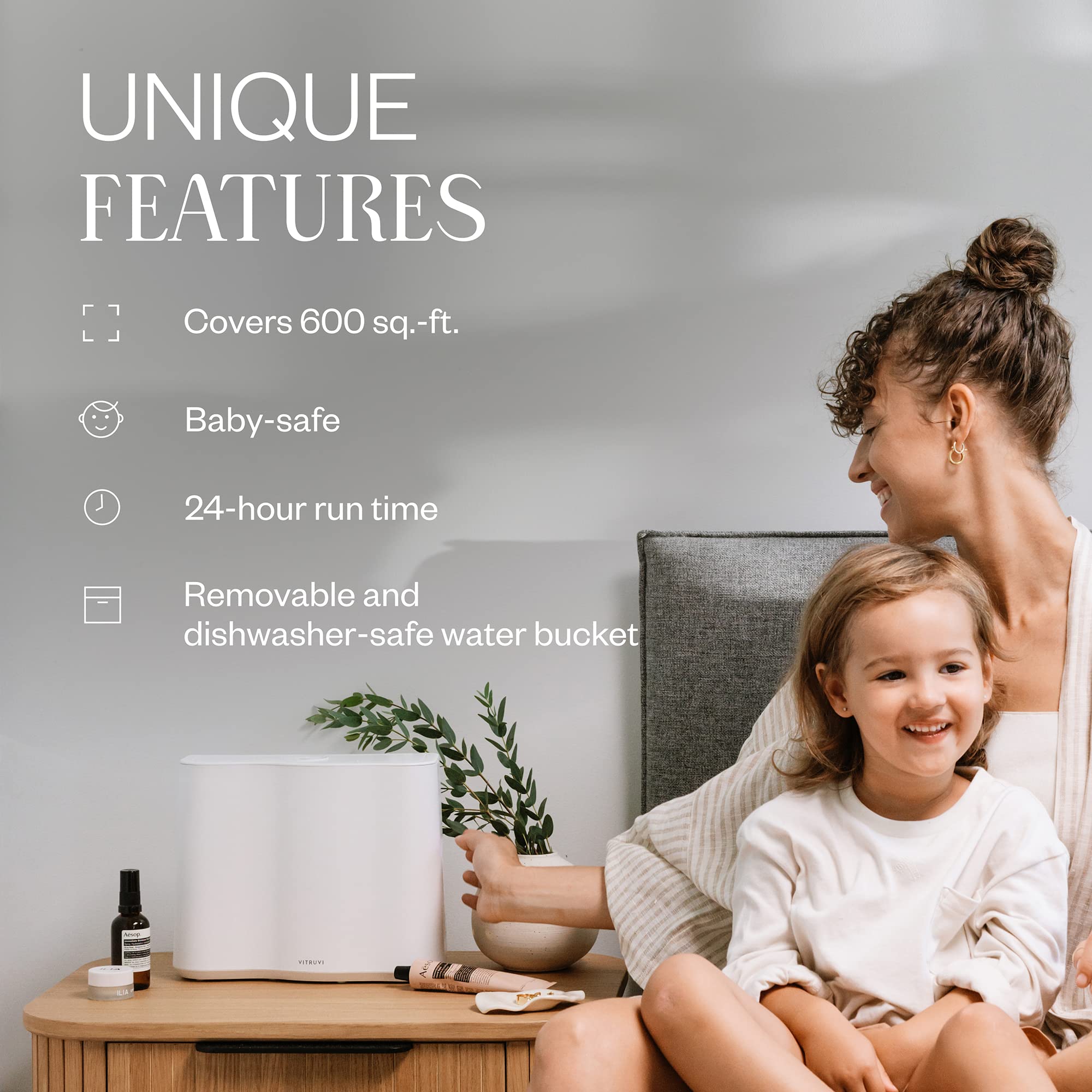 Vitruvi Cloud Bedside Humidifier, Dove, 24 Hr Run Time, 602ft Coverage, Large Home Bedroom - Night Mode - Includes 3 Month Filter