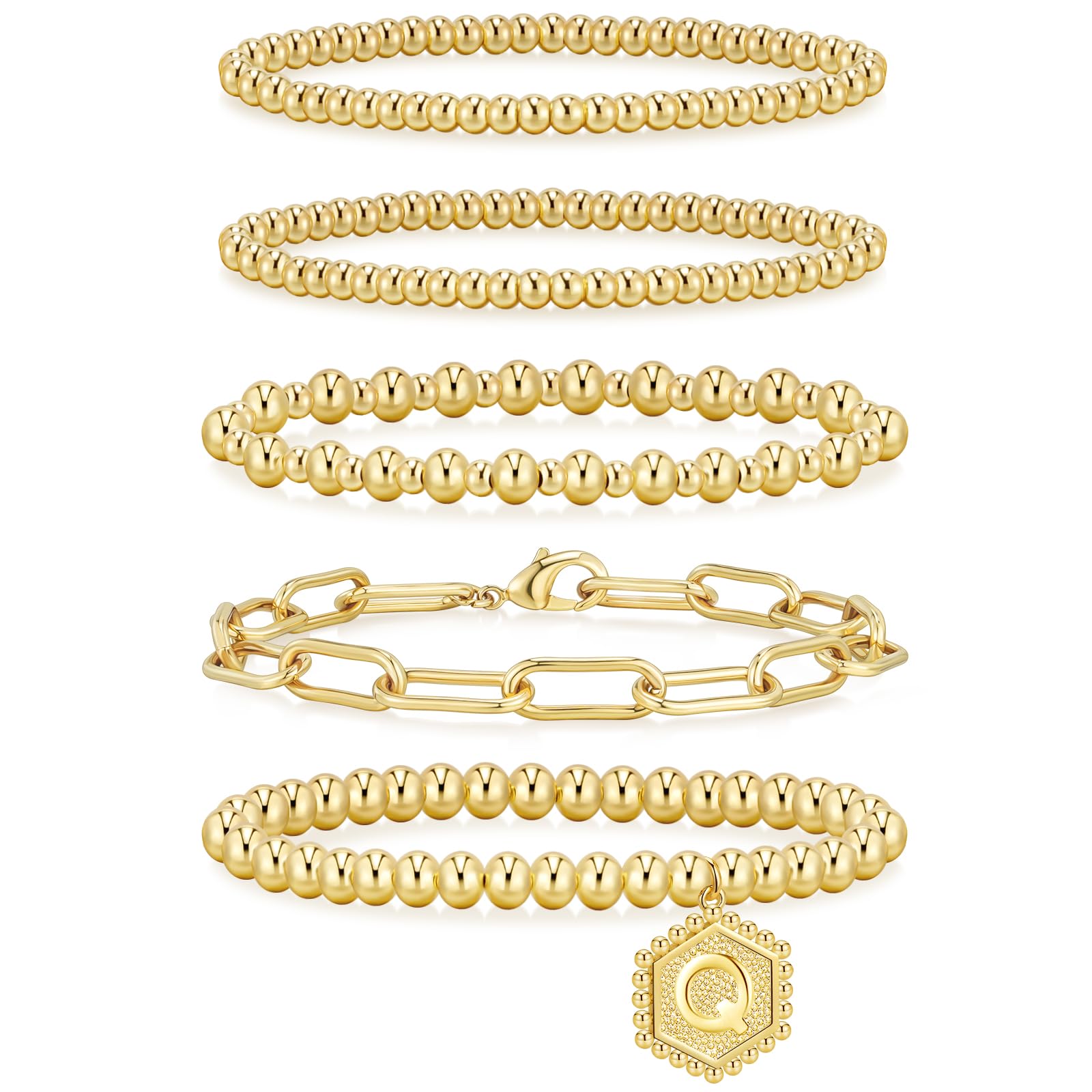 adoyi Gold Bracelets for Women Waterproof, 14K Gold Plated Beaded Strand Bead Ball Bracelets stack Adjustable Jewelry Set for Gifts