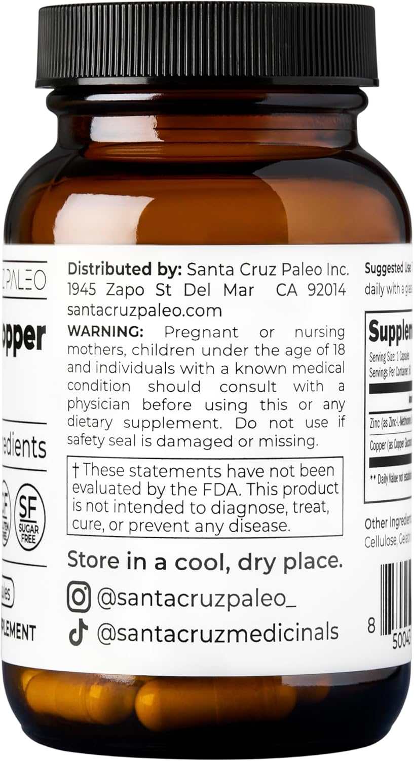 Santa Cruz Paleo, Zinc & Copper Mineral Supplement, High Absorption Formula, Zinc Supplement for Skin & Hair, L Methionine, Copper Gluconate, Trace Minerals, Gluten Free, Keto, Paleo, 60 Capsules