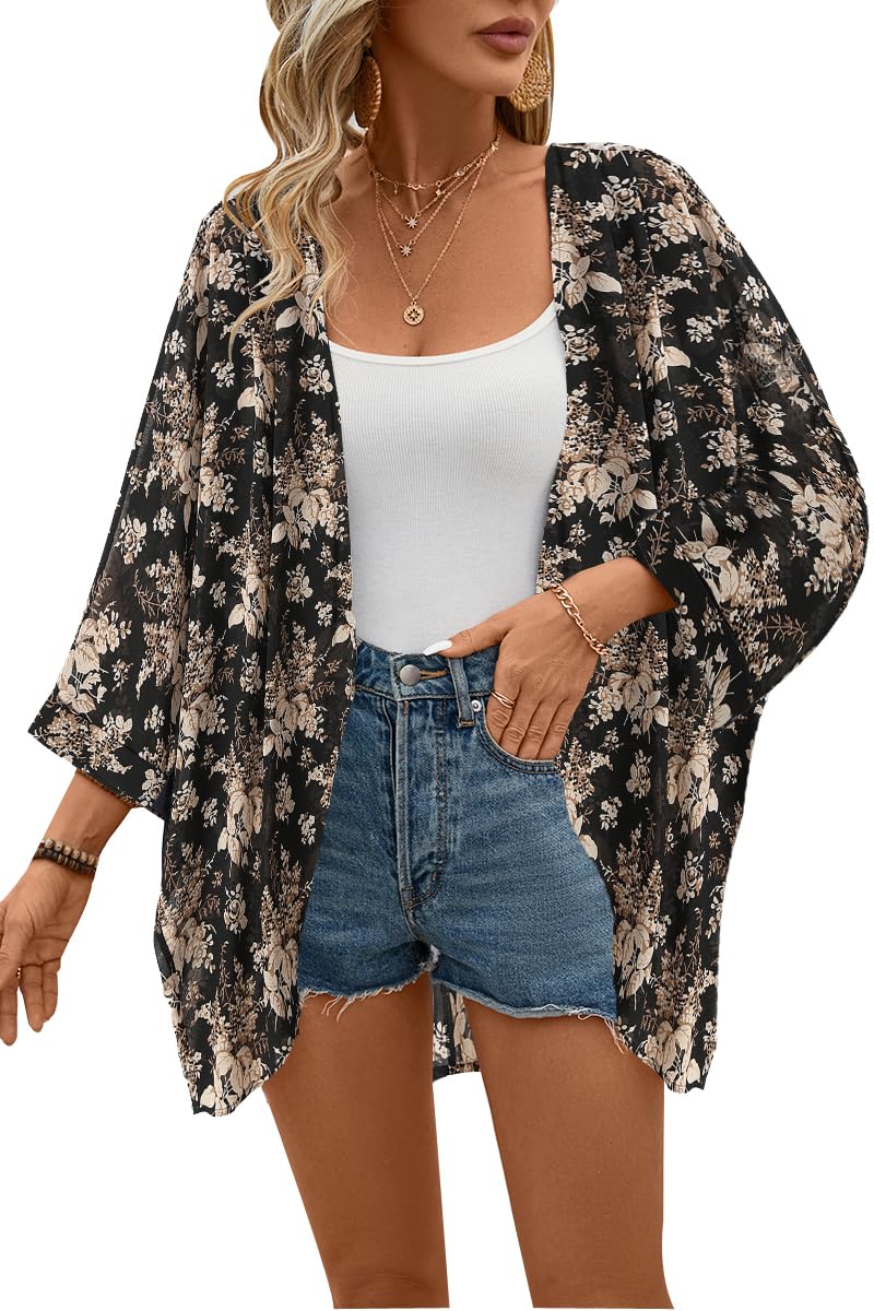 olrain Women's Floral Print Sheer Chiffon 3/4 Bat Sleeve Casual Loose Kimono Cardigan Capes
