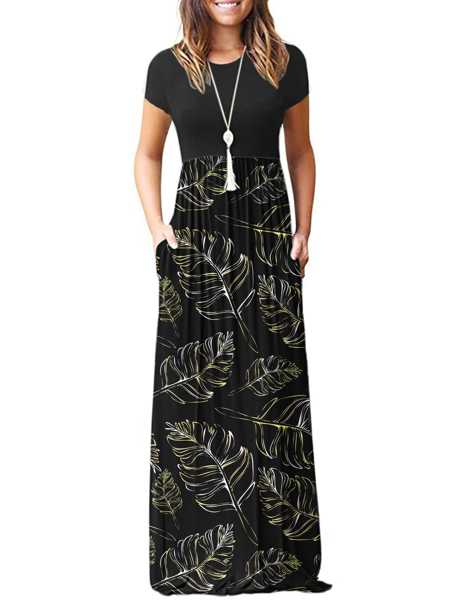MISFAY Women Short Sleeve Loose Plain Maxi Dresses Casual Long Dresses Pockets