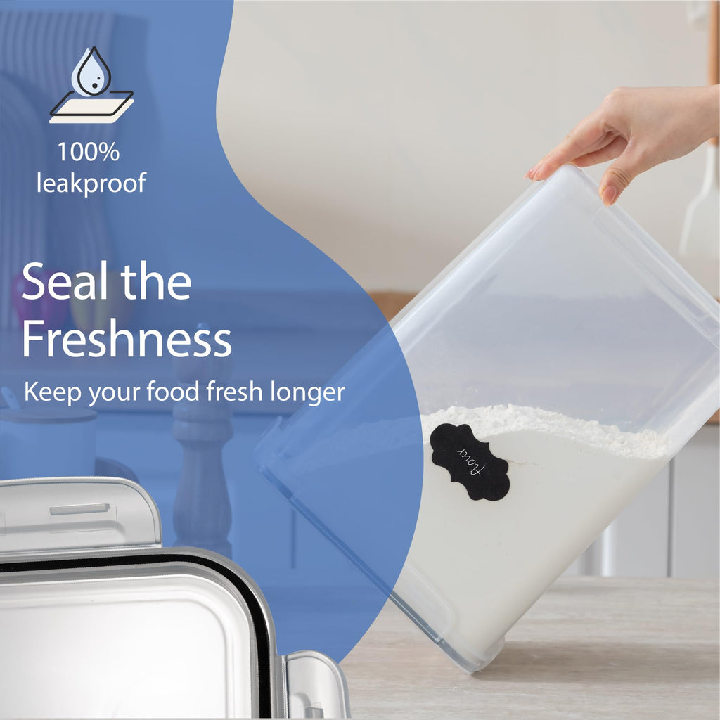 Chef's Path Kitchen Storage Box Set of 4 Extra Large Airtight Food Storage Jars for Sugar Flour Cereal Rice - Measuring Spoons, Pen and Food Preservation Labels (5.2 L)