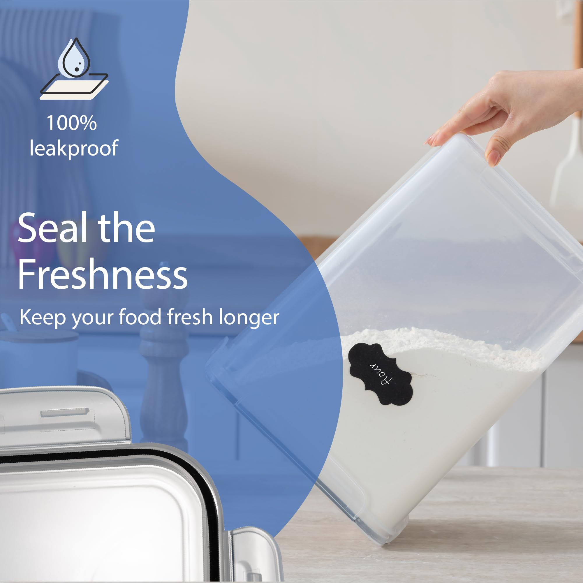 Chef's Path Kitchen Storage Box Set of 4 Extra Large Airtight Food Storage Jars for Sugar Flour Cereal Rice - Measuring Spoons, Pen and Food Preservation Labels (5.2 L)