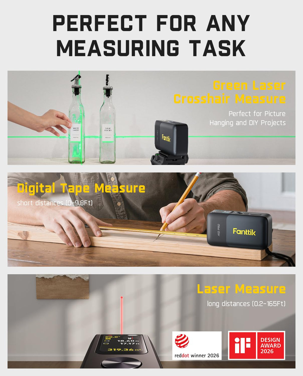 Fanttik A10 Apex 3-in-1 Digital Laser Tape Measure with HD Color Display, 165Ft Rechargeable Laser Measurement & 32Ft Green Cross Line Laser & 9.8Ft Tape, 6 Units, for Distance/Area/Volume/Leveling