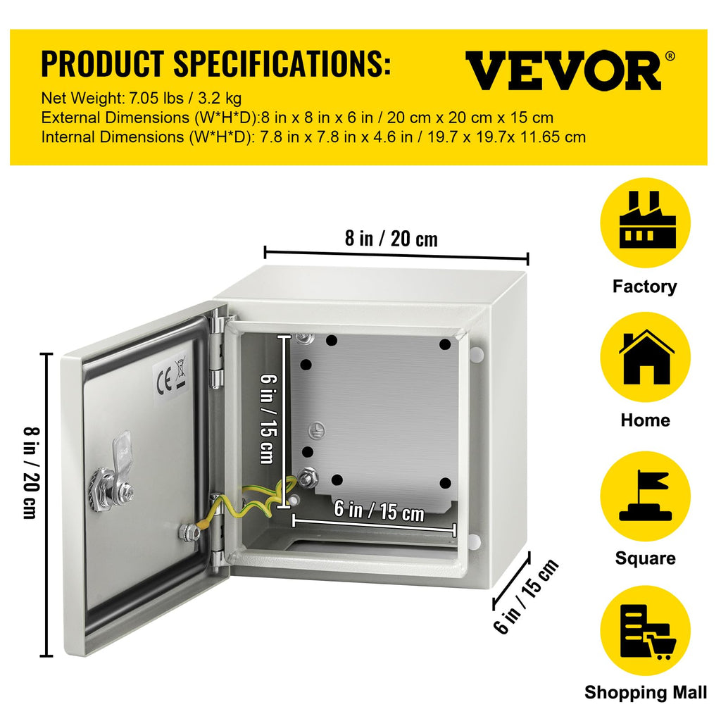 VEVOR NEMA Steel Enclosure, 8" x 8" x 6" NEMA 4X Steel Electrical Box, IP66 Waterproof & Dustproof, Outdoor/Indoor Electrical Junction Box, with Mounting Plate