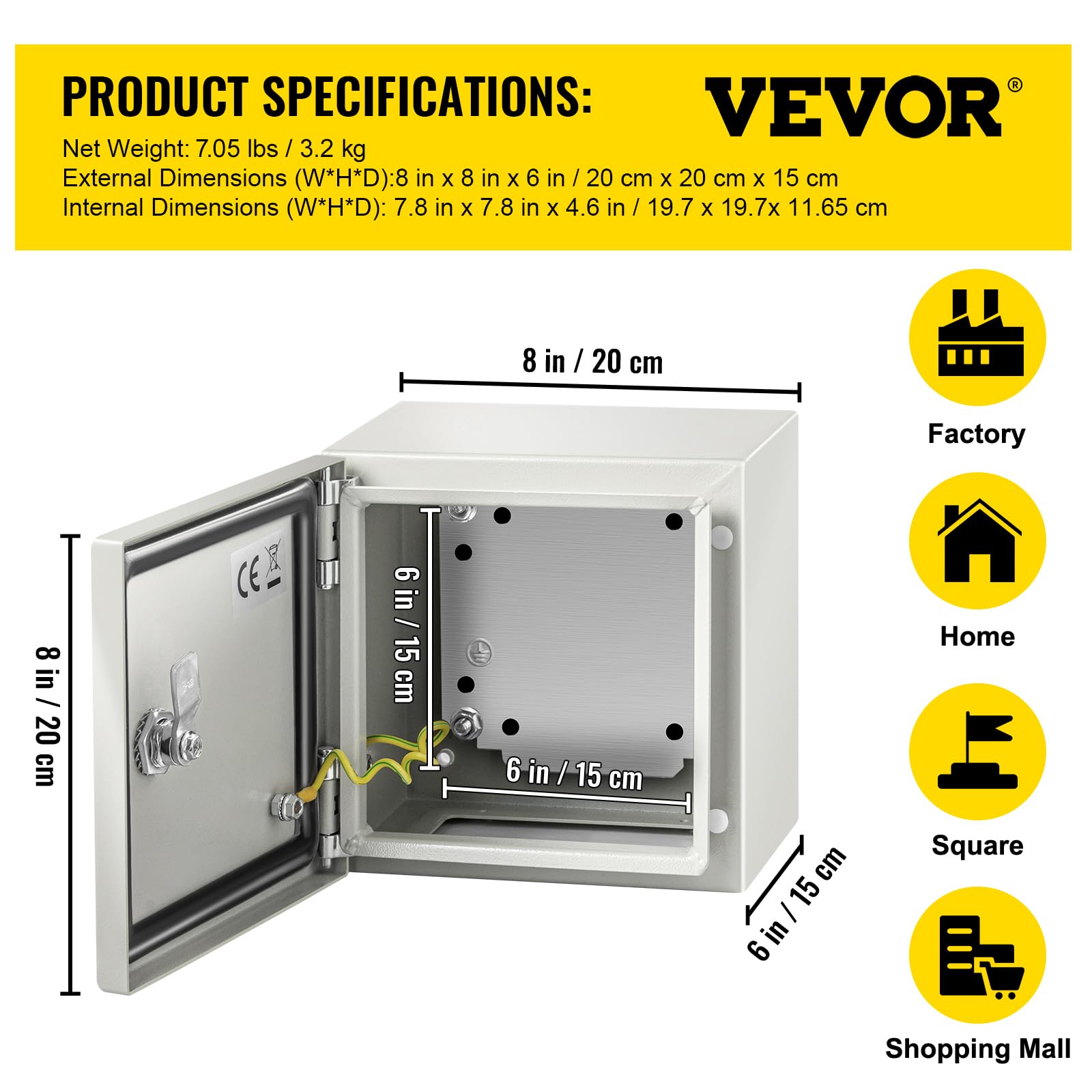 VEVOR NEMA Steel Enclosure, 8" x 8" x 6" NEMA 4X Steel Electrical Box, IP66 Waterproof & Dustproof, Outdoor/Indoor Electrical Junction Box, with Mounting Plate