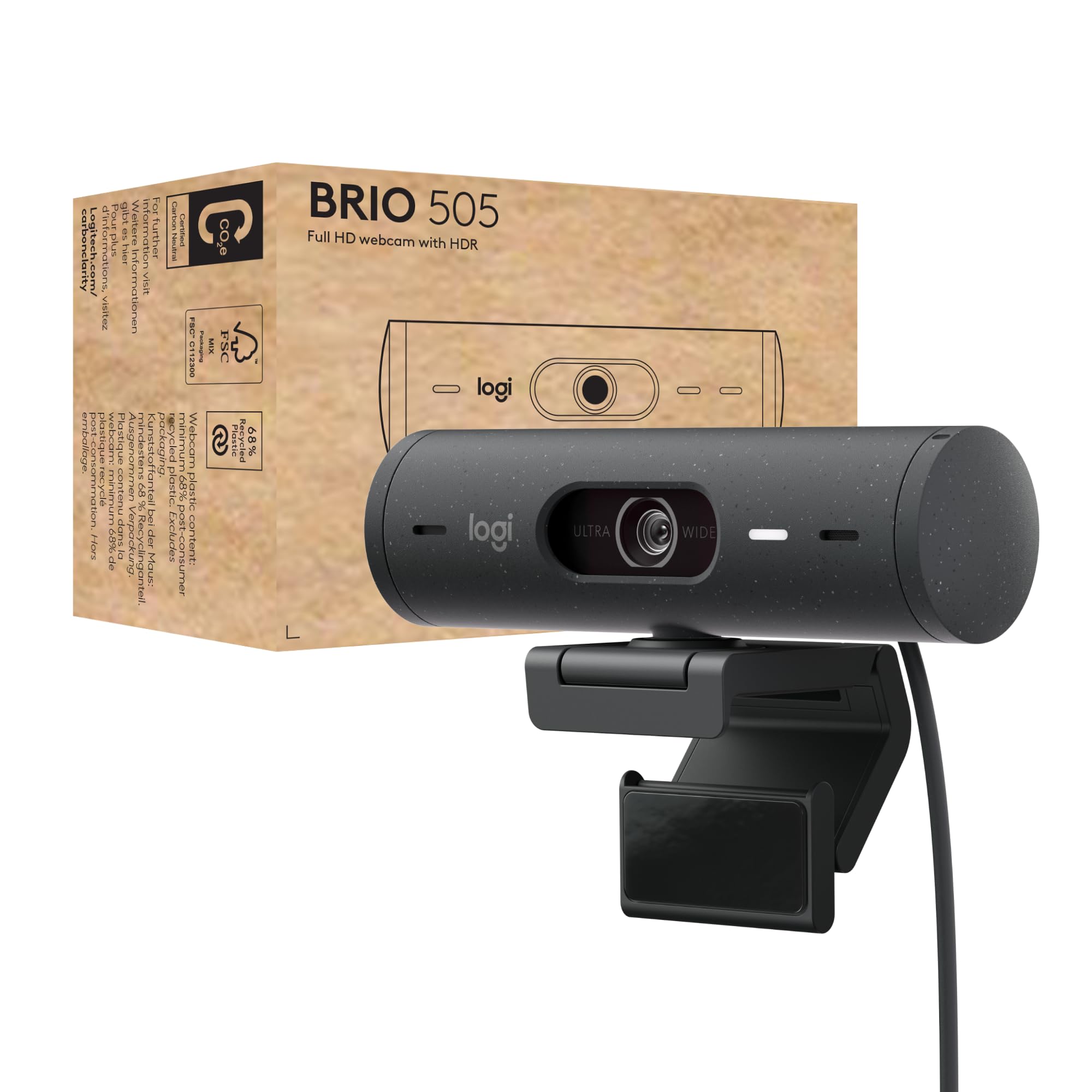 Logitech Brio 505 Full HD 1080p Webcam with auto Light Correction, framing, Dual Noise Reduction mics, Privacy Shutter - Works with Teams, Meet, Zoom, TAA Compliant.