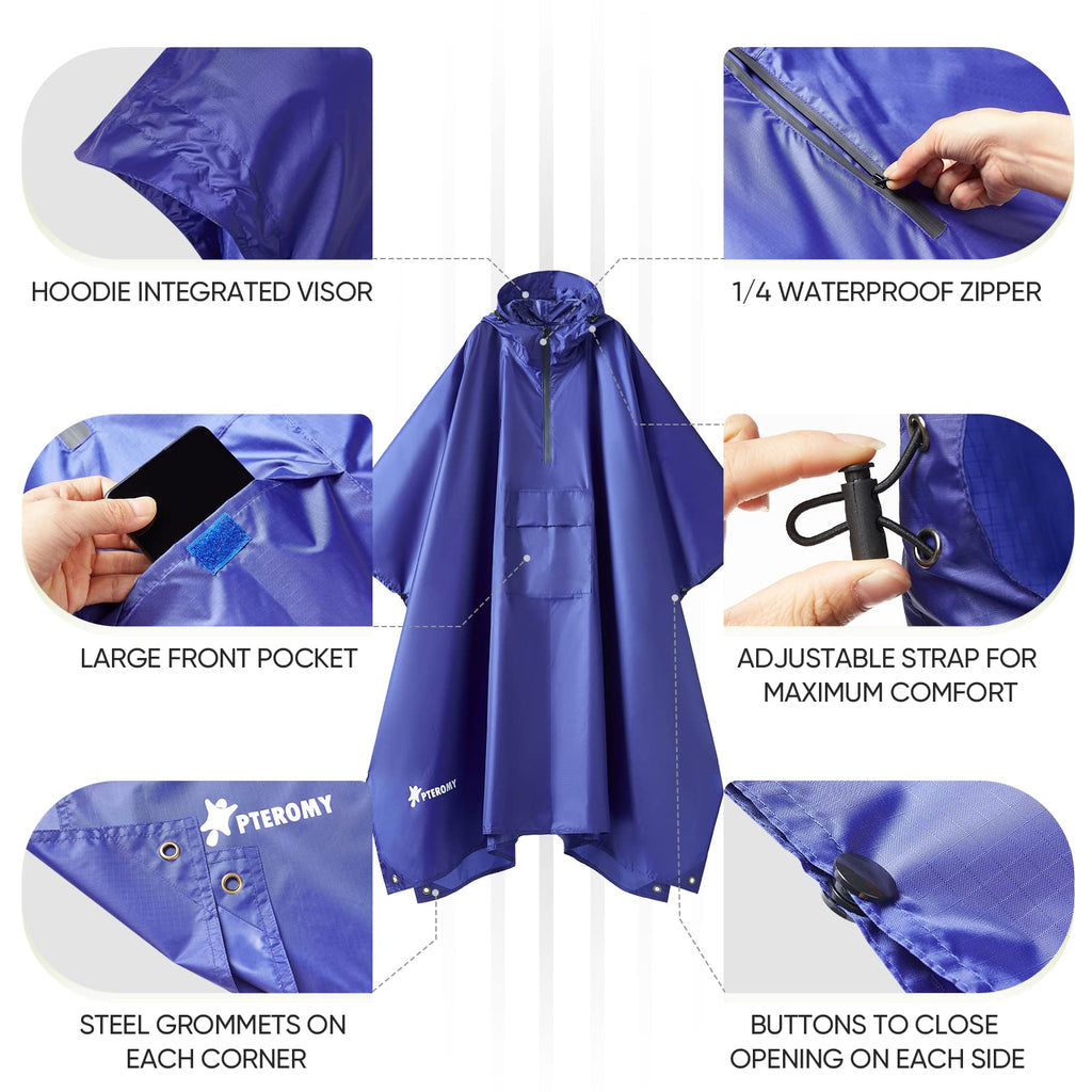 PTEROMY 3-in-1 Hooded Rain Poncho for Adult with Pocket, Waterproof Lightweight Unisex Raincoat for Hiking Camping Emergency