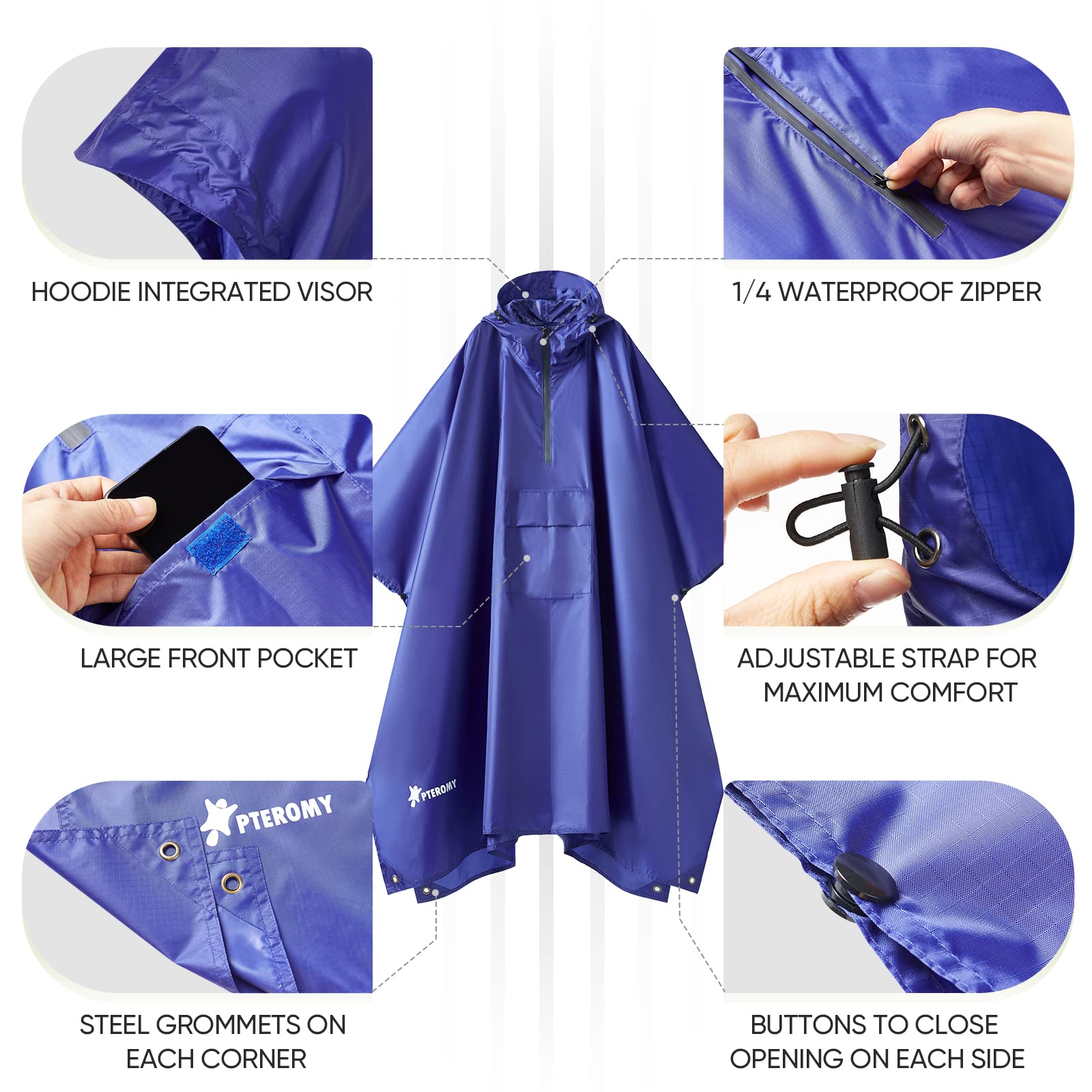 PTEROMY 3-in-1 Hooded Rain Poncho for Adult with Pocket, Waterproof Lightweight Unisex Raincoat for Hiking Camping Emergency