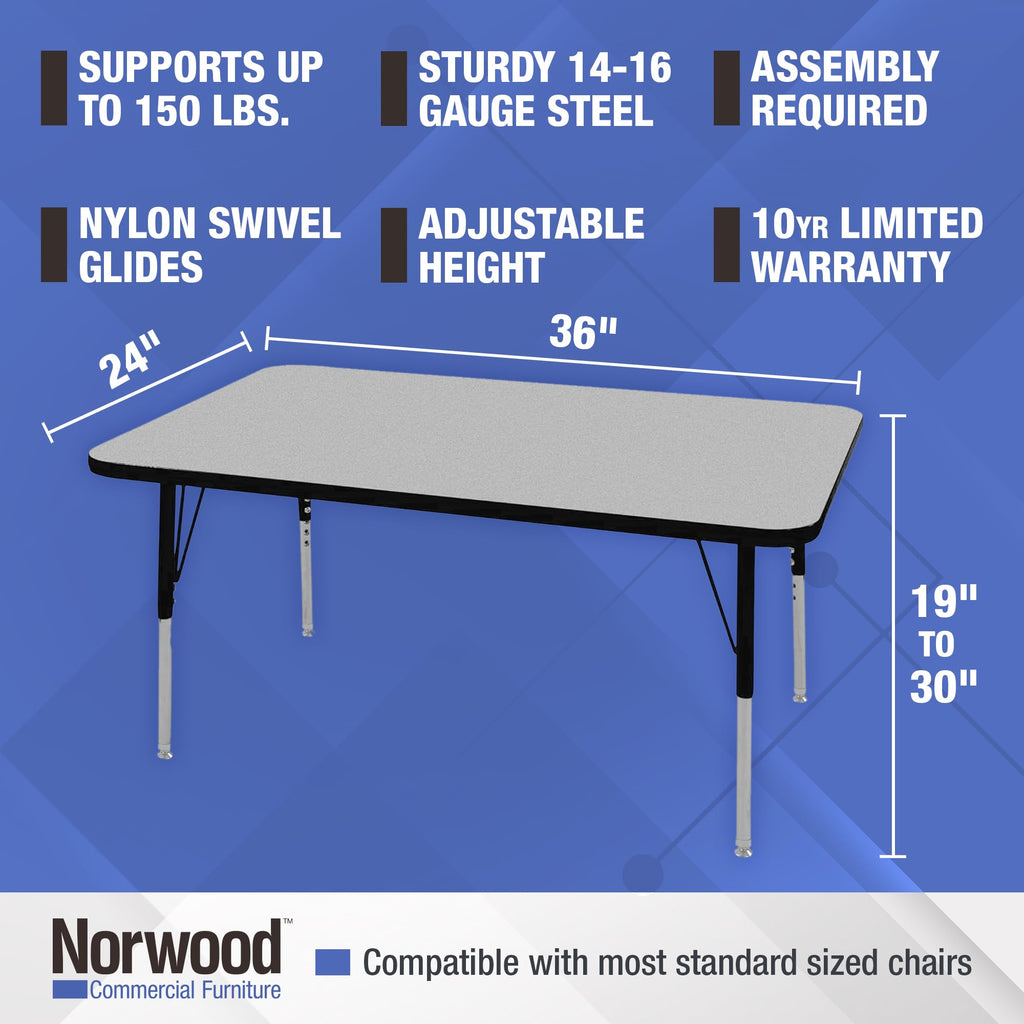 Norwood Commercial Furniture 36-Inch Adjustable Height Classroom Activity Table for Kids & Adults, Rectangular Activity Table for School and Home, Blue