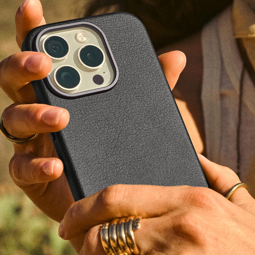 OtterBox iPhone 15 Symmetry Series Cactus Leather for MagSafe - Noir ASH (Black), Slim, Premium, Protective iPhone Case