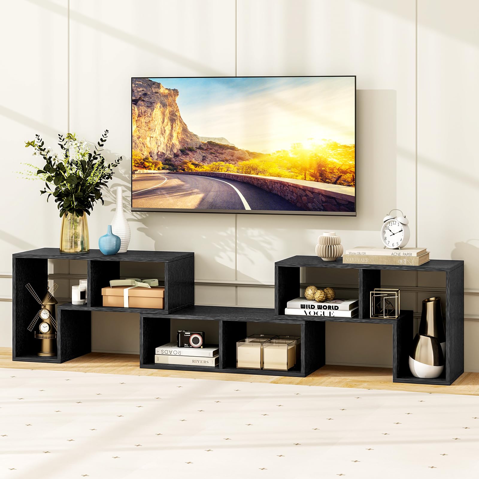 Tangkula 3 Pieces Console TV Stand, Free-Combination Entertainment Center for 50 55 60 65 Inch TV, Minimalist Modern TV Media Stand, DIY Open Storage Bookcase Shelf for Living Room (Black)