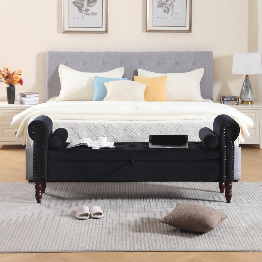 Storage Bench for Bedroom, 67" End of Bed Bench King Size, Velvet Bedroom Bench with Storage, Upholstered Tufted Storage Ottoman Benches with Arms for Bedroom, Entryway, Living Room, Beige