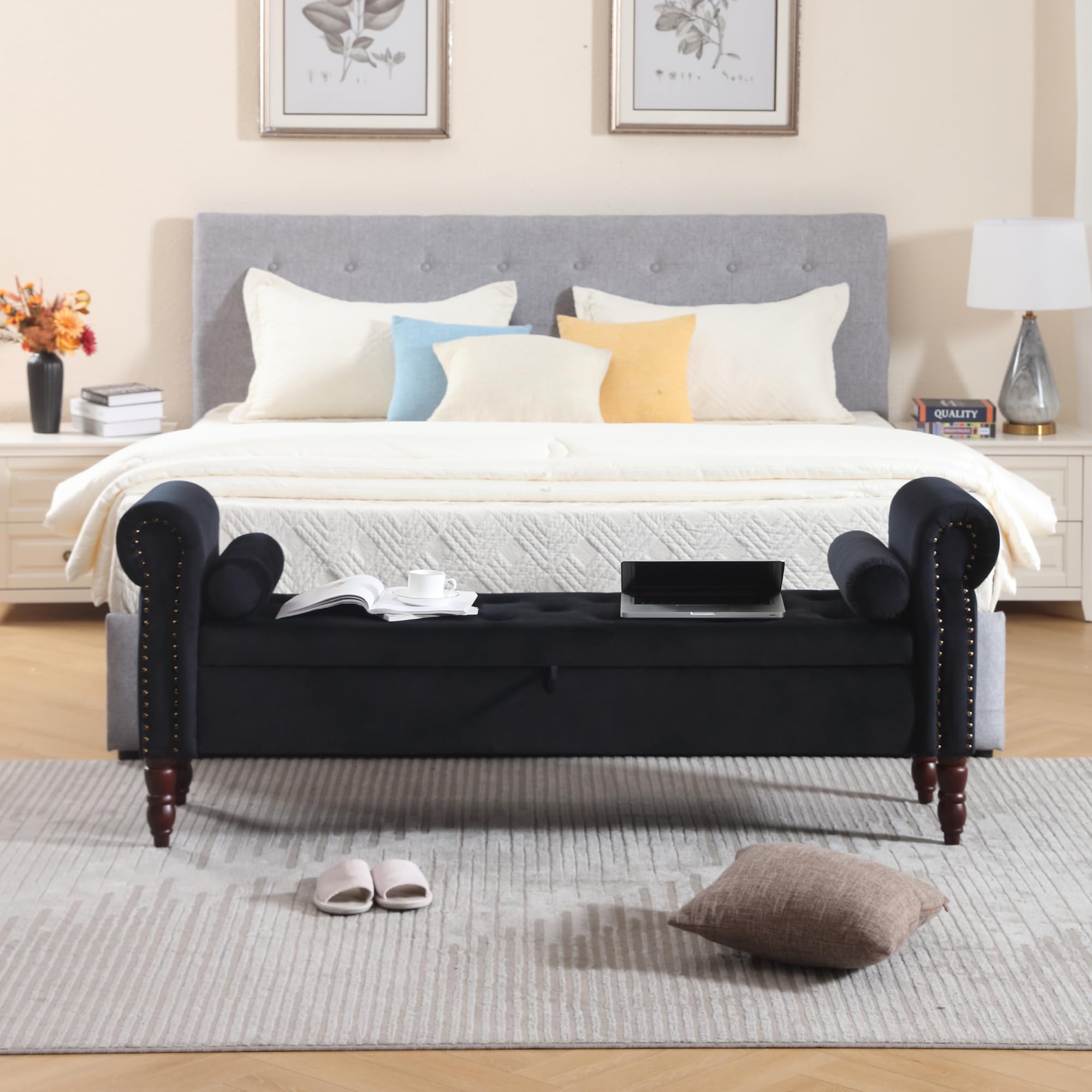 Storage Bench for Bedroom, 67" End of Bed Bench King Size, Velvet Bedroom Bench with Storage, Upholstered Tufted Storage Ottoman Benches with Arms for Bedroom, Entryway, Living Room, Beige