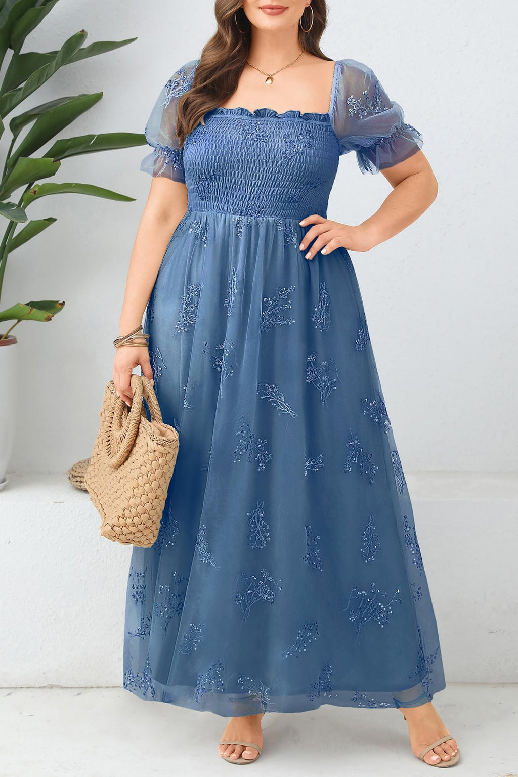 Plus Size Formal Dresses - Bridesmaid Leaf Embroidery with Sequin Tulle Prom Long Dress