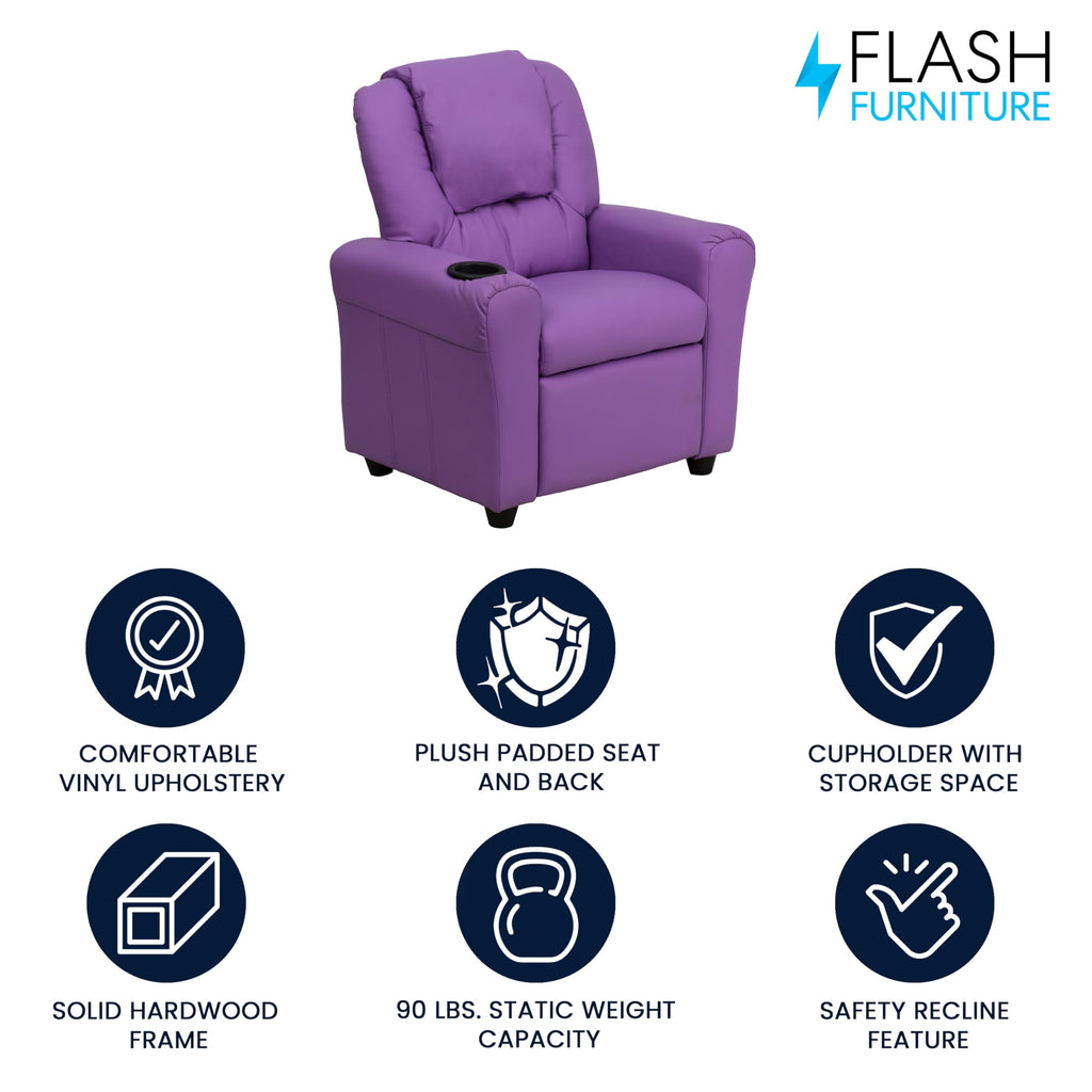 Flash Furniture Vana Vinyl Kids Recliner with Cup Holder, Headrest, and Safety Recline, Contemporary Reclining Chair for Kids, Supports up to 90 lbs., Beige