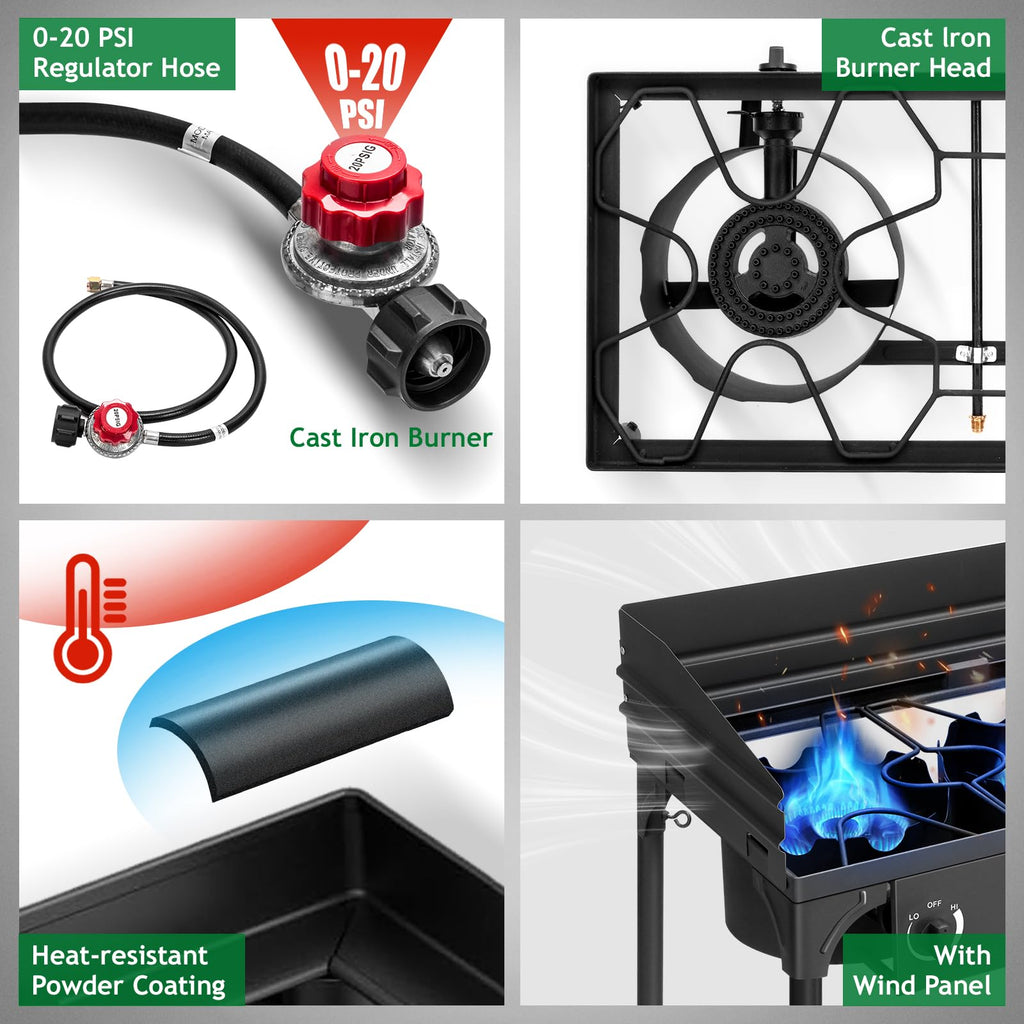 Outvita 2 Burner Propane Gas Stove for Outdoor Cooking, 150,000 BTU Camping Cooker with Removable Legs, Temperature Control Knobs for Backyard Cooking, BBQ, Baking and Frying
