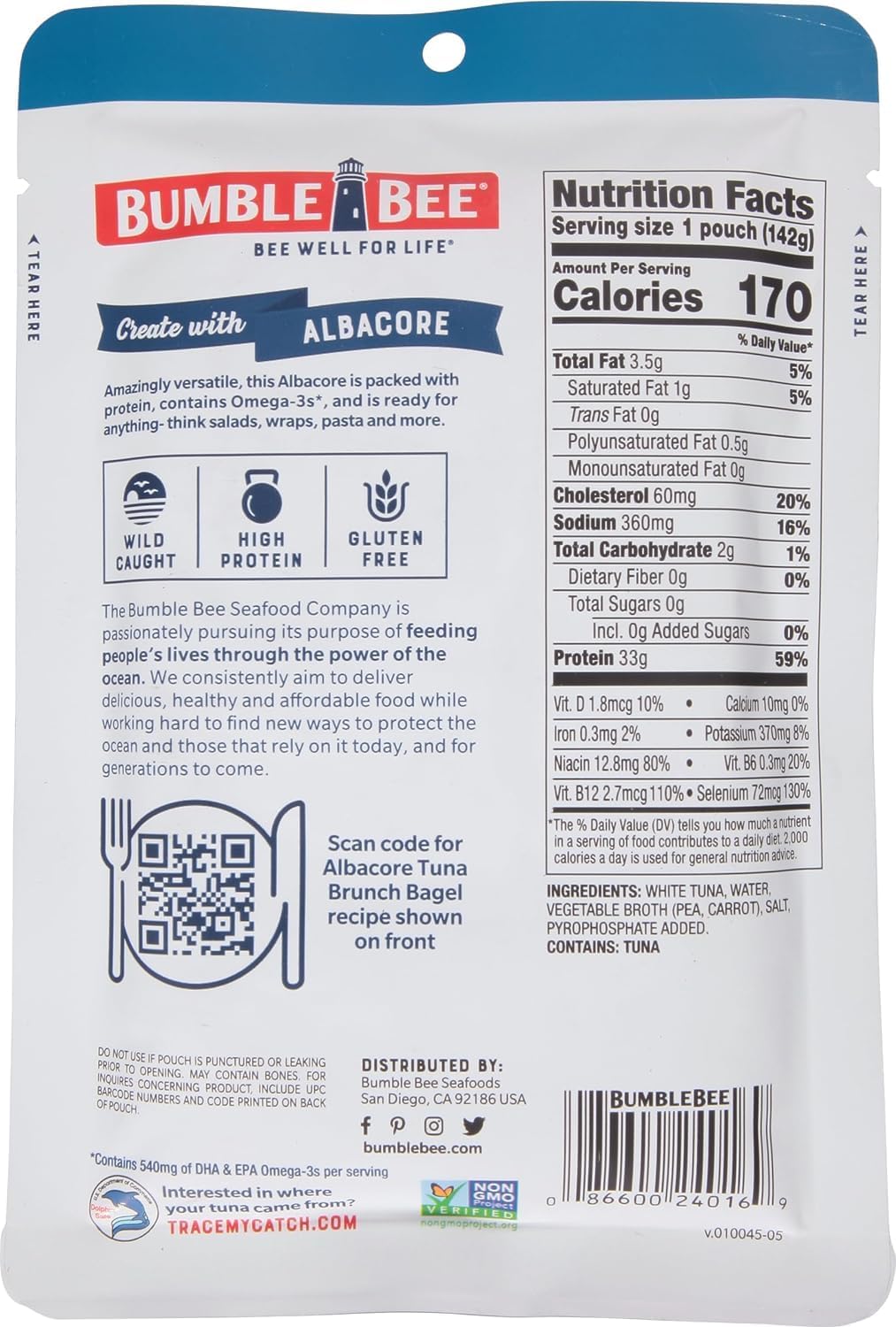 Bumble Bee Lemon & Garlic Seasoned White Albacore Tuna in Water, 2.5 oz Pouch - Wild Caught Tuna - 15g Protein per Serving, High in Omega-3s - Non-GMO, Gluten Free - No Draining Required