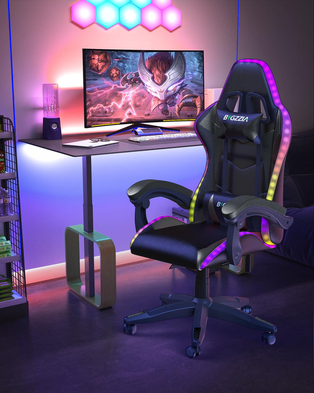 Bigzzia Gaming Chair with RGB LED Lights for Kids & Adults, High Back Ergonomic Computer Gamer Chair with Headrest and Lumbar Support, Racing Style Reclining Game Chair(Black)