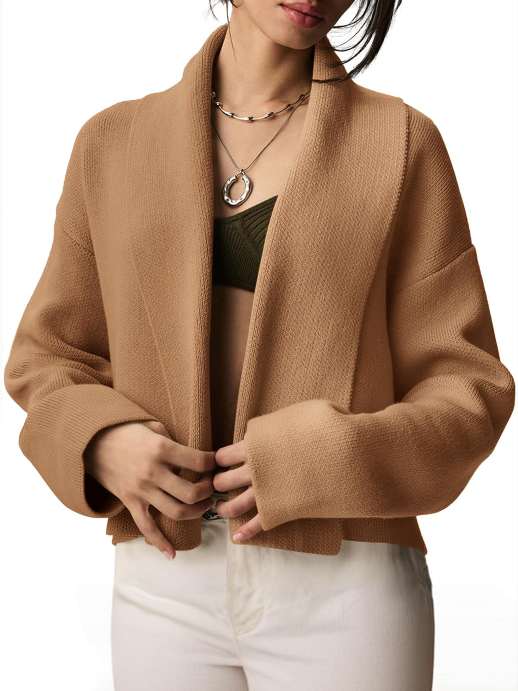 Saodimallsu Womens Cropped Cardigan Open Front Shawl 2026 Fall Trendy Long Sleeve Sweater Jacket