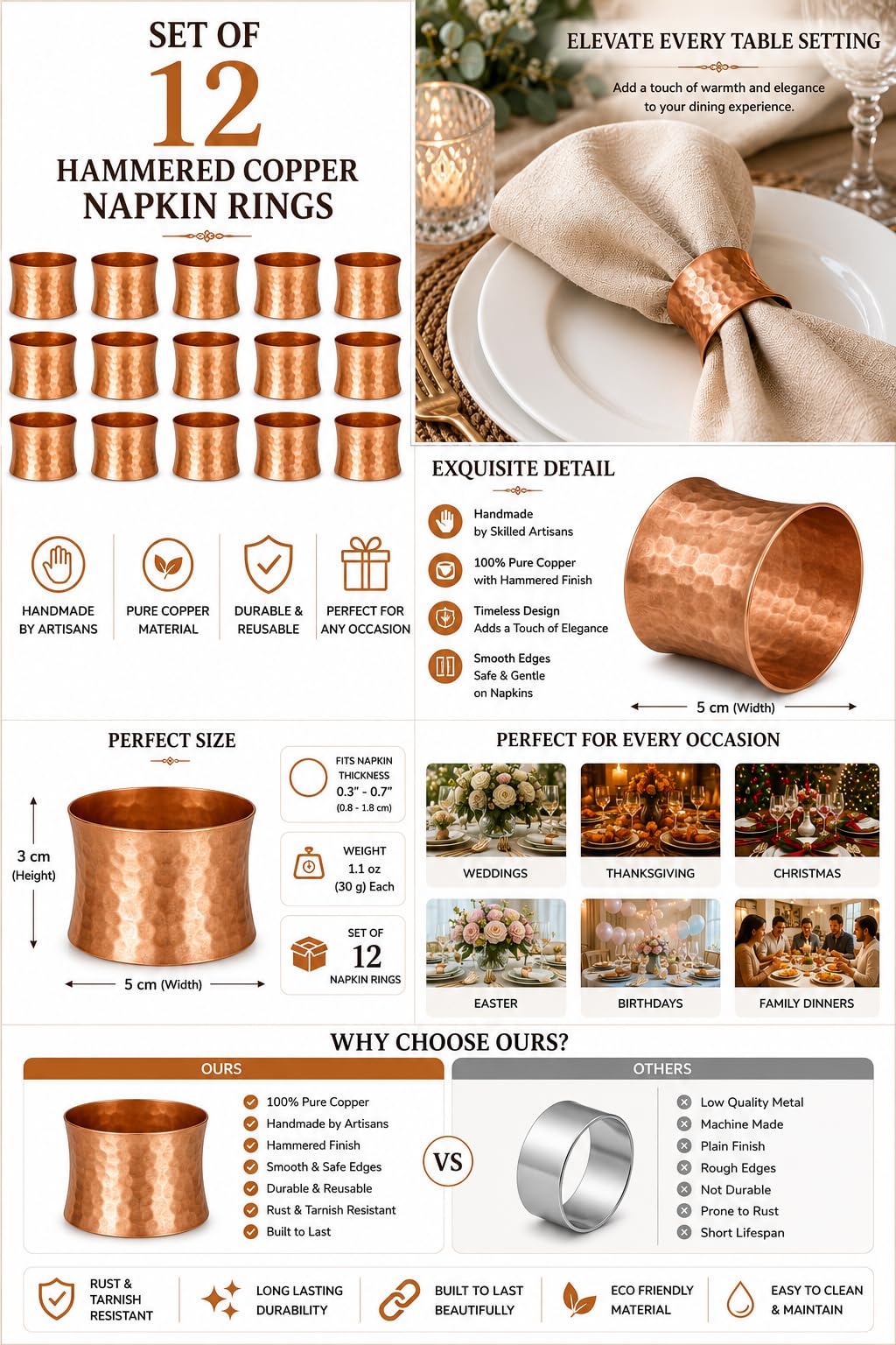 ITOS365 Handmade Round Hammered Antique Napkin Rings Holder for Dinning Table Parties Everyday, Set of 12