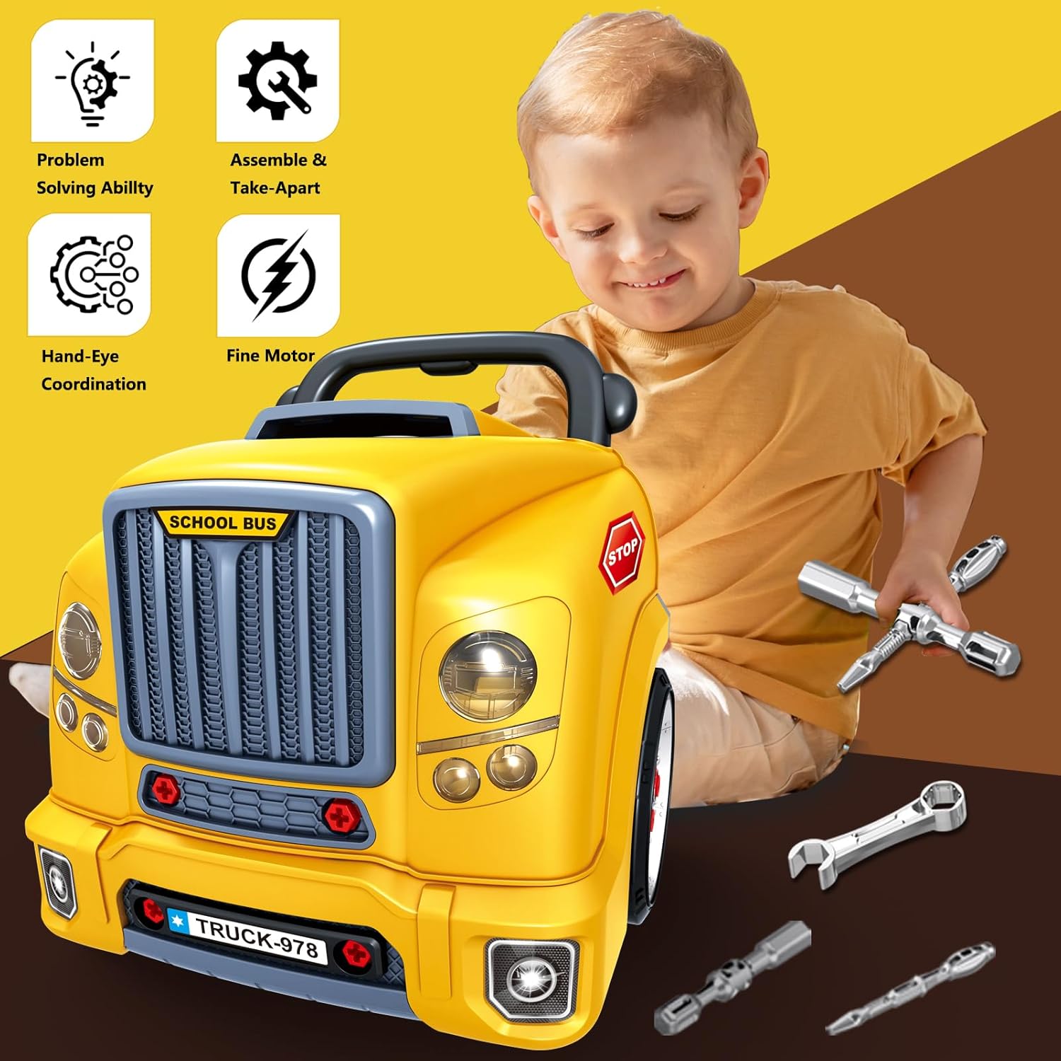 MUGEYMYD Large Truck Engine Toy for Kids 3-5, Take Apart Motor Vehicle Pretend Play Car with Light and Sound, Kids Mechanic Workshop Set, Toy Engine Building Kit for Toddlers.