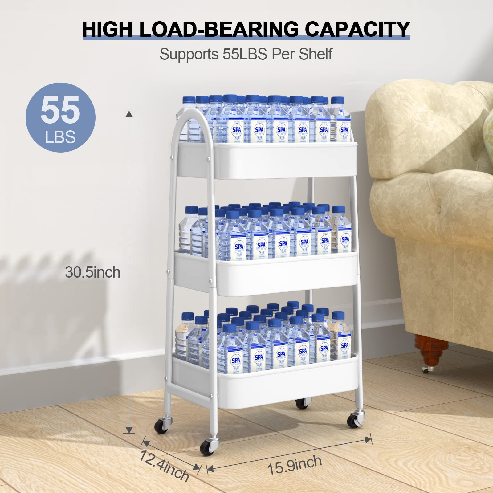 EAGMAK 3 Tier Rolling Cart, Large Metal Storage Cart with Handle and Lockable Wheels, Big Multifunctional Storage Organizer Trolley with Mesh Baskets for Kitchen, Living Room, Office, Garage (Beige)