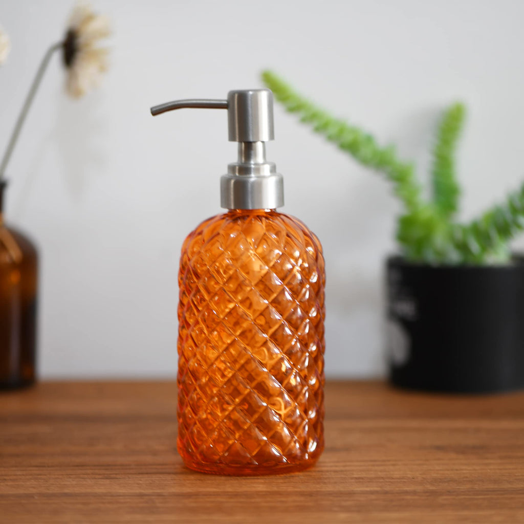 16 oz Diamond Pattern Glass Soap Dispenser, Kitchen and Bathroom Refillable Soap Dispenser with Rust Resistant Stainless Steel Pump for Hand Soap, Lotion Glass Liquid Dispenser(Amber)