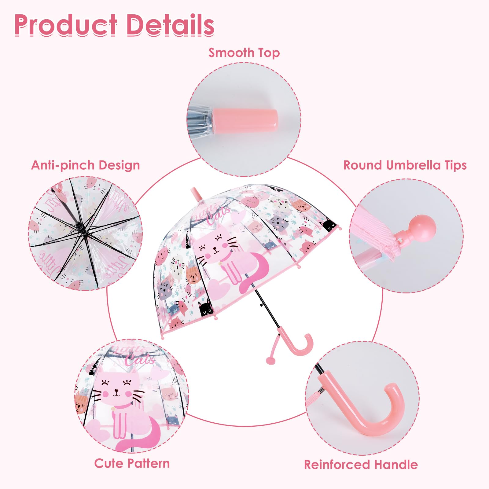 decalsweet Kids Umbrella Clear Bubble Umbrellas for Rain,Transparent Dome Safety Windproof Umbrella with Easy-Grip Hook Handle for Toddler Girls and Boys