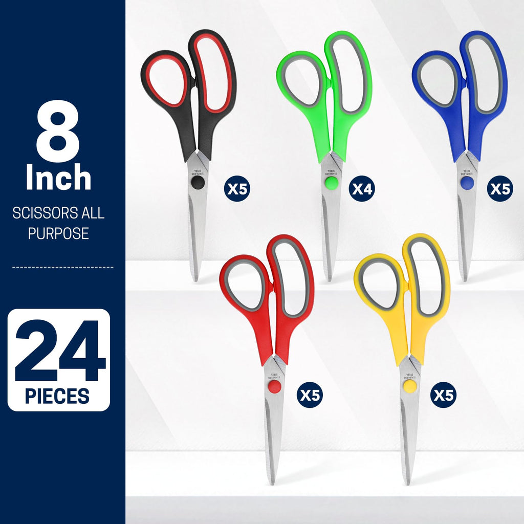 BURVAGY 8" 12 Pack All Purpose Heavy Duty Scissors- Comfort-Grip Sharp Scissors for Office School Sewing Fabric Craft High/Middle School Student Teacher Scissor, Right/Left Hand