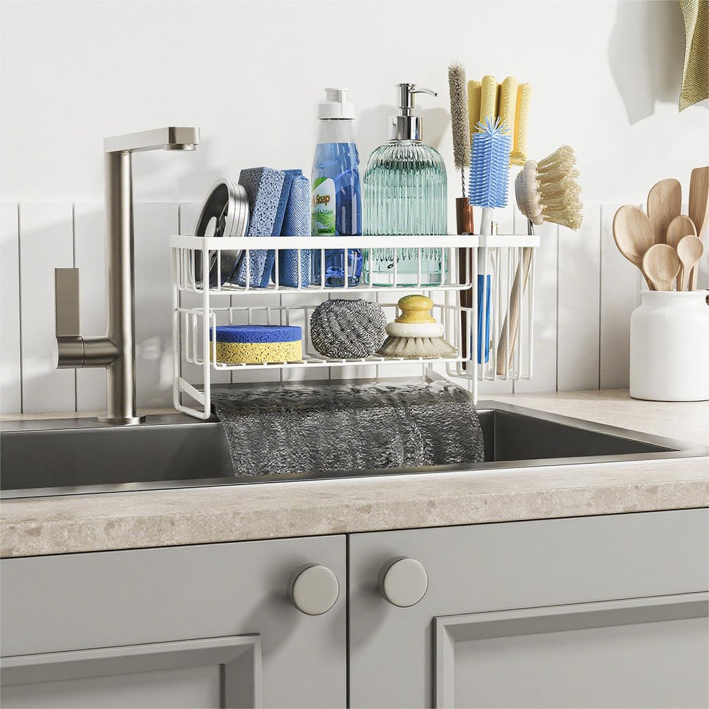 Cisily 2-Tier Kitchen Sink Caddy Organzier Rack with Dish Brush Sponge Holder | Kitchen Sink Countertop Organization Storage,Home Decor Accessories Essentials Stainless Steel