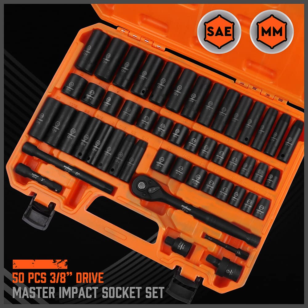 HORUSDY 1/2" Drive Shallow Impact Socket Set, 24-Piece SAE (7/16"-1") and Metric (13-24mm), 6 Point, Cr-V, Includes 1/2-Inch Drive Ratchet Handle, Drive Extension Bar