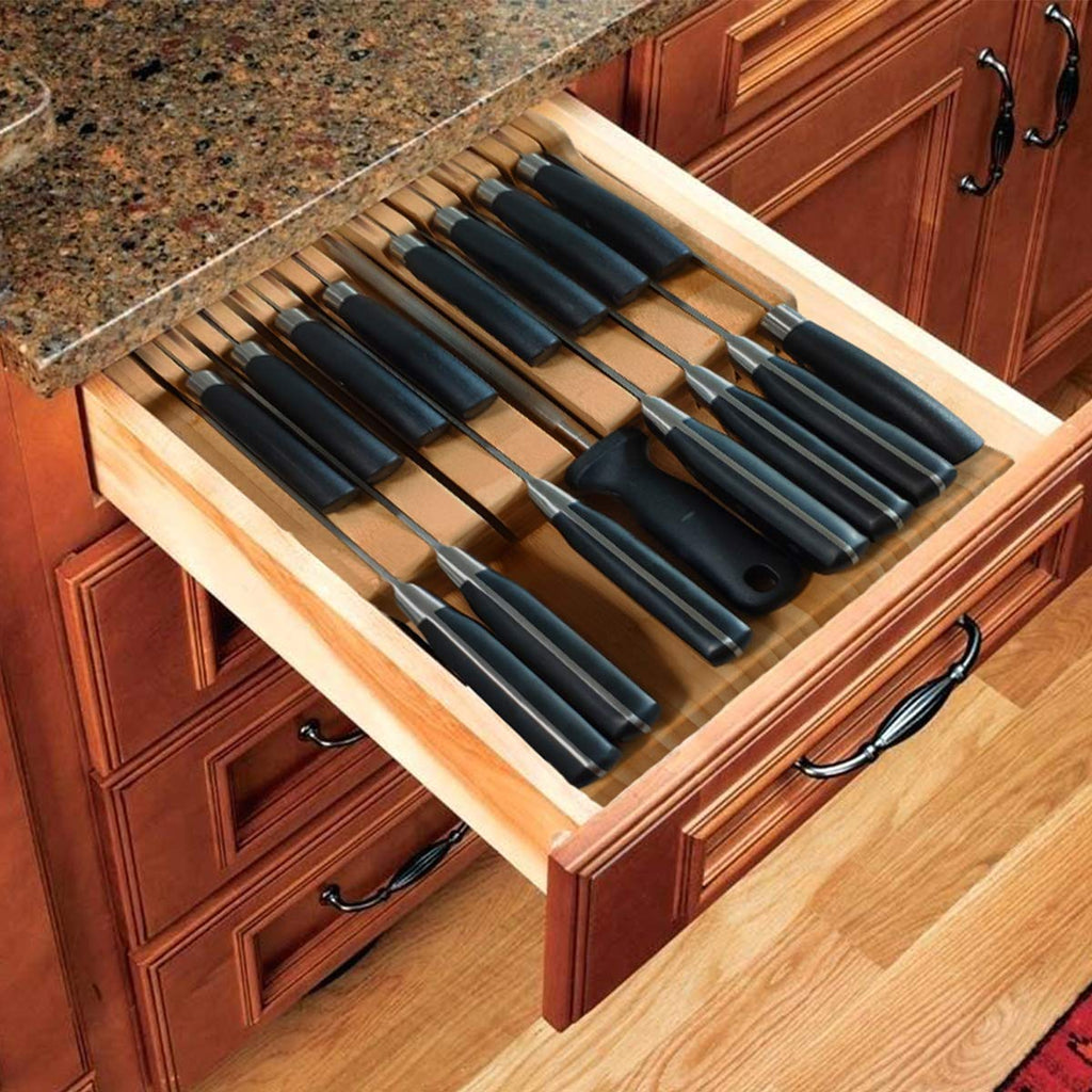 NIUXX Bamboo In-Drawer Knife Block Set for 9 Knives(Not Included), Large Kitchen Detachable Washable Cutlery Slot Organizer Storage Holder for Sharpening Steel and Cutter