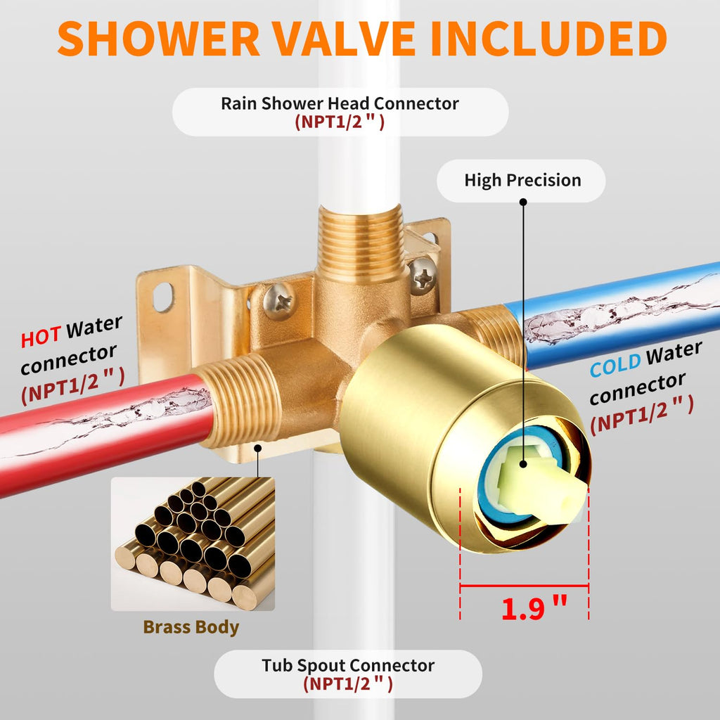 Gold Brushed Tub Shower Faucet Set With 8" Shower Head & Spout