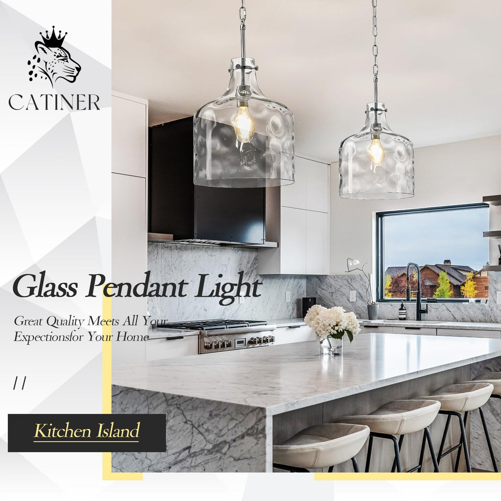 Glass Large Pendant Lights for Kitchen Island Blown Glass Pendant Light Clear Hammered Shade Hanging Ceiling Lights with Black Finish for for Kitchen Island, Sink, Hallway, Living Room 11 inch
