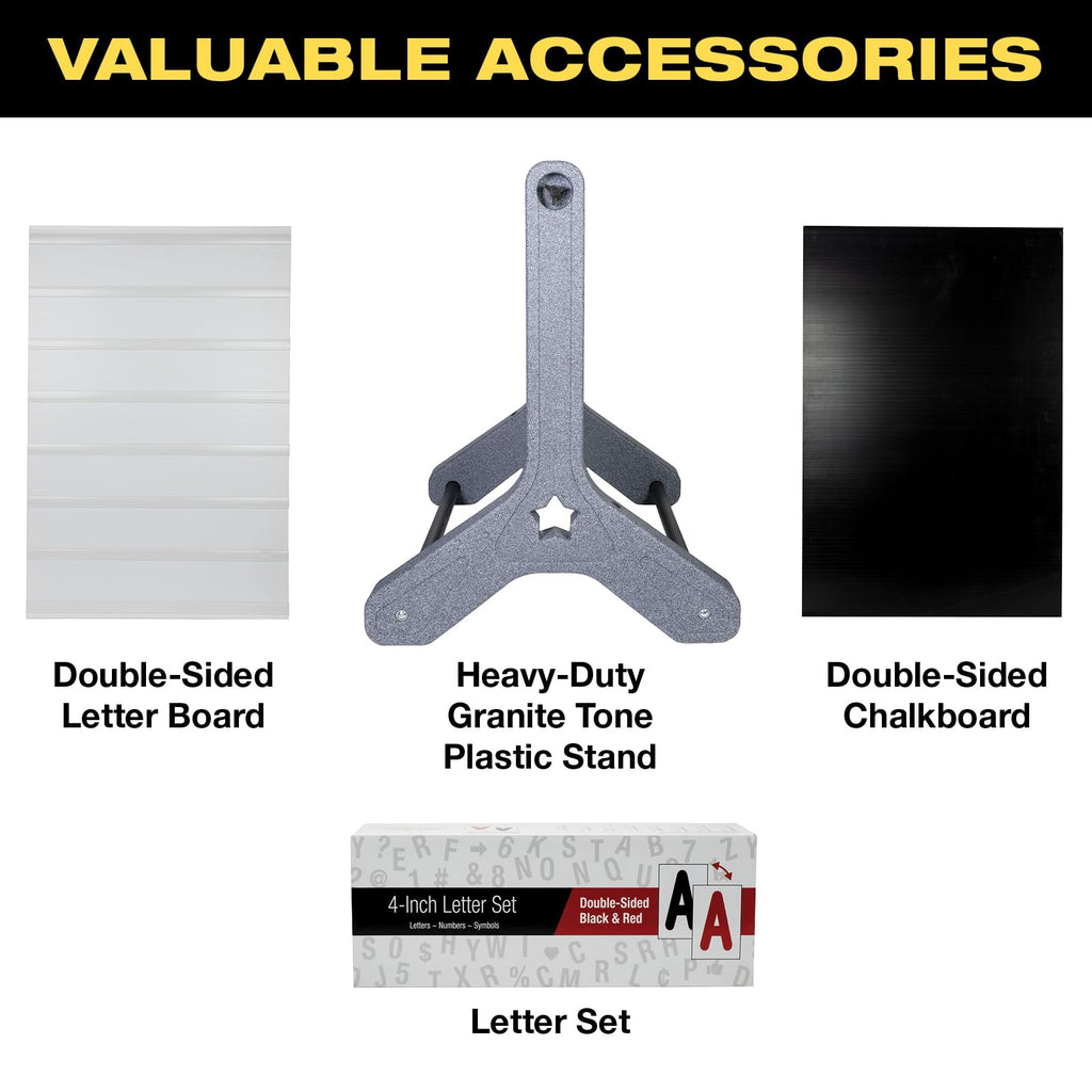 Swinging Changeable Message Sidewalk Sign: 24" x 36" Sign with 792 Pre-Cut Double Sided Letters and Storage Box. Includes Black Board & Letter Board (Black Color Legs)