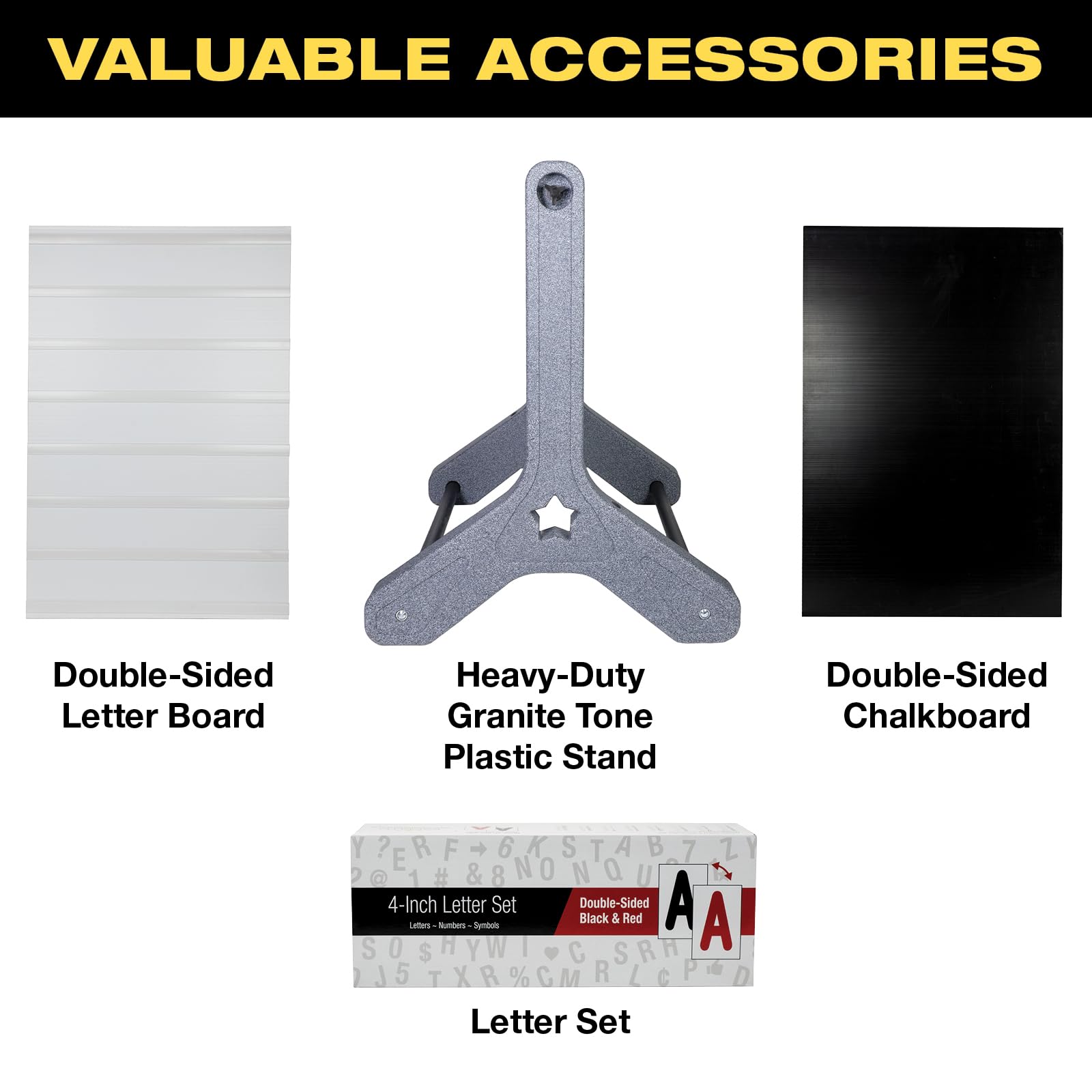 Swinging Changeable Message Sidewalk Sign: 24" x 36" Sign with 792 Pre-Cut Double Sided Letters and Storage Box. Includes Black Board & Letter Board (Black Color Legs)