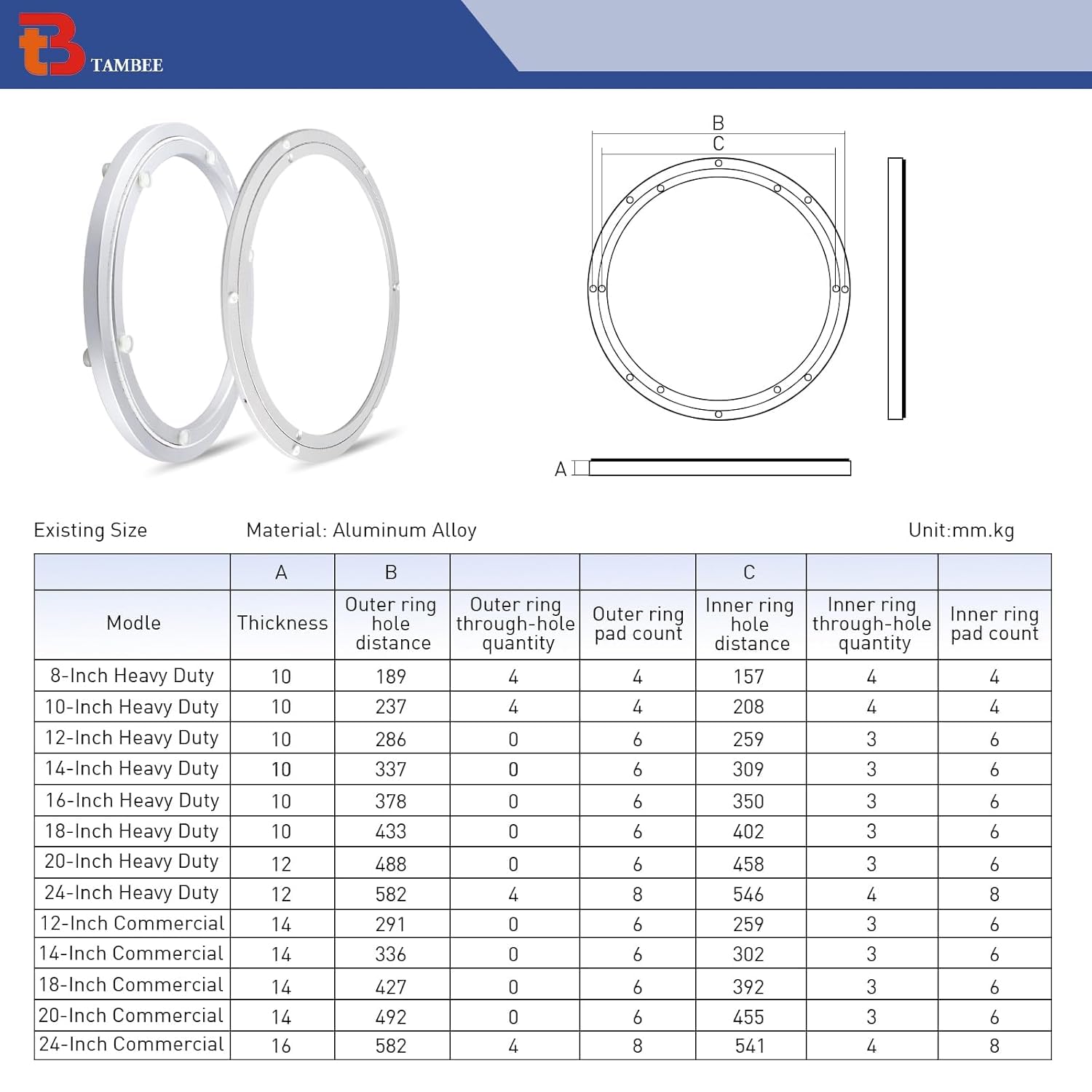 TamBee Aluminum Lazy Susan Heavy Duty Metal Rotating Hardware Turntable Bearing Ring Lazy Susan Base Only (8-Inch Heavy Duty)