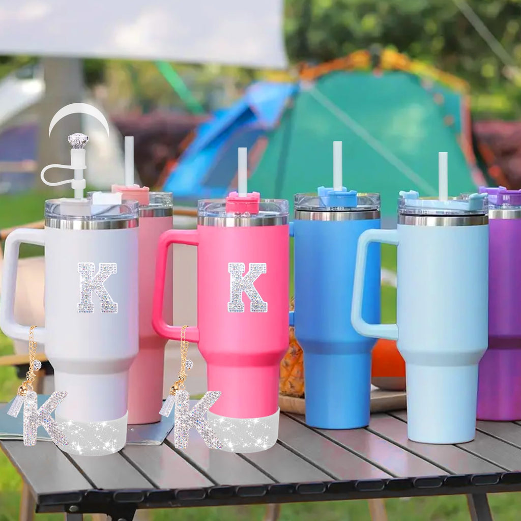 Mity rain Accessories Set for Stanley Cup, Initials Decorations for Tumbler Cup 30/40OZ, Including Diamond Straw Topper/Spill Proof Stopper/Sparkly Silicone Boot Set/Letter Charms for Handle A-Z (A-)