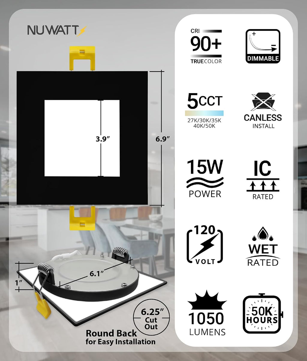 NUWATT 12 Pack 6 Inch Square Ultra-Thin LED Recessed Lighting, Selectable 2700K/3000K/3500K/4000K/5000K, High Brightness 1050 Lumens, Dimmable Black Slim Wafer Light, IC Rated, Metal Junction Box