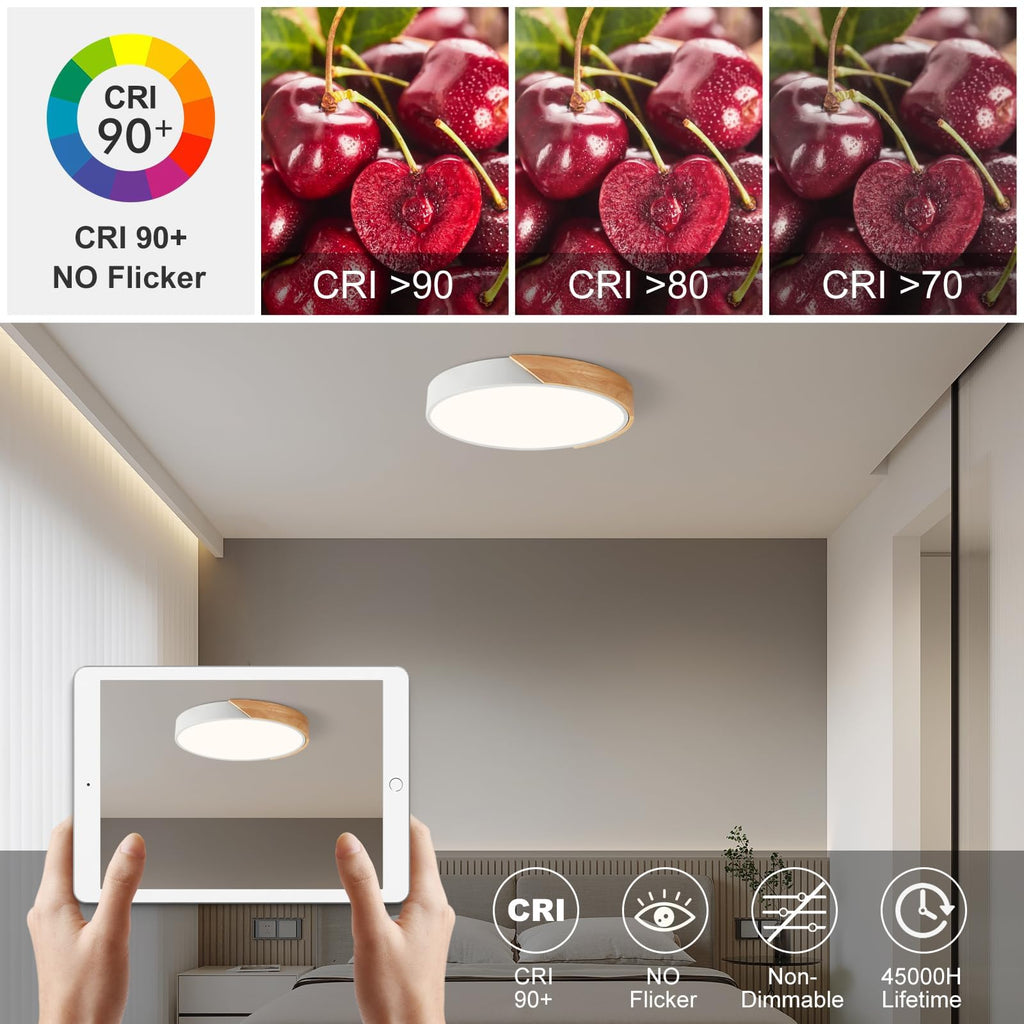 Modern LED Ceiling Light, Minimalist Wood Dimmable Flush Mount Ceiling Light Fixture, Round 5CCT Lighting Lamp with Acrylic Lampshade for Bedroom Hallway Kitchen Laundry, Black 11.8"